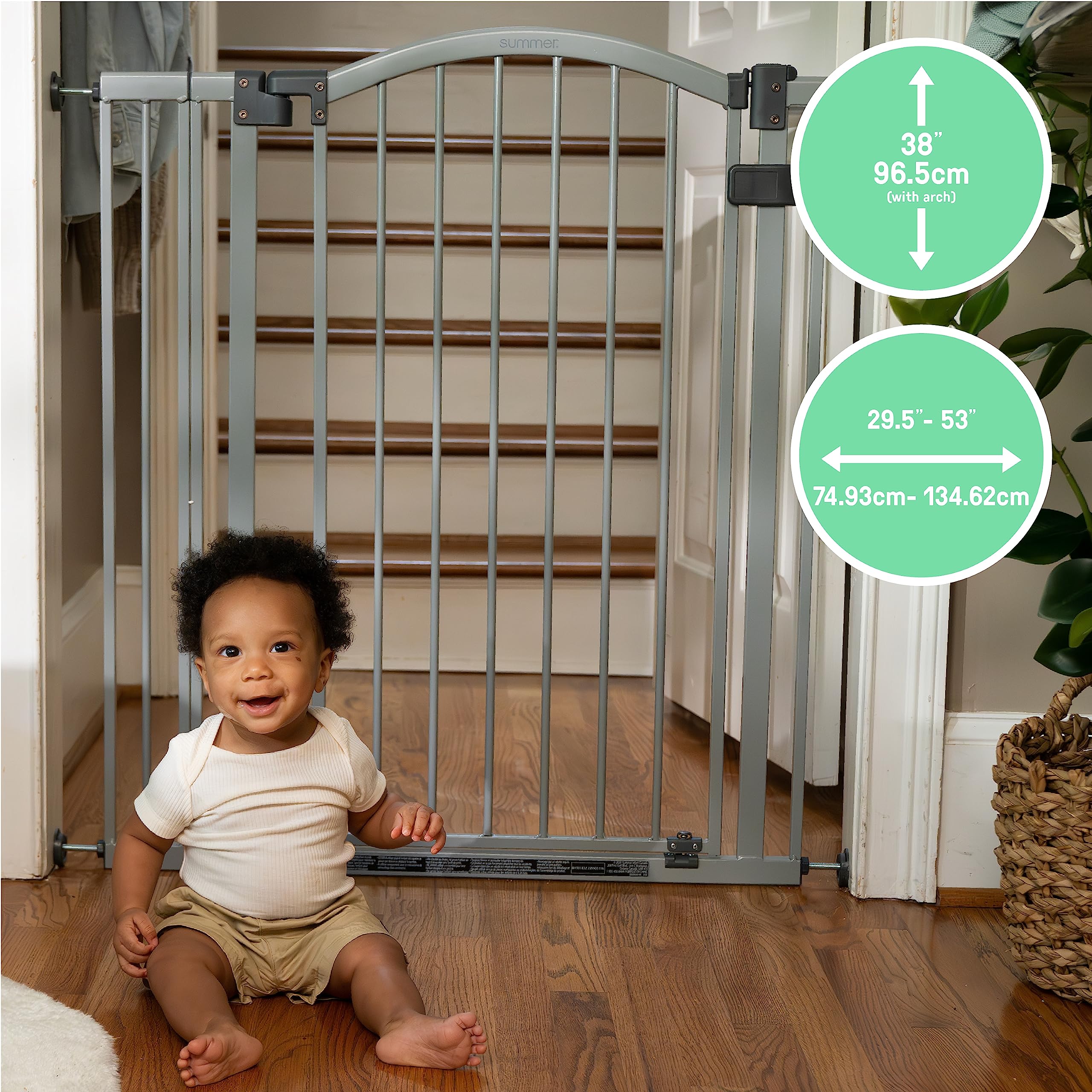 Summer Infant Extra Tall & Wide Safety Pet And Baby Gate, 29.5'-53' Wide, 38' Tall, Pressure Or Hardware Mounted, Install On Wall Or Banister In Doorway Or Stairway, Auto Close Walk-Thru Door - Gray