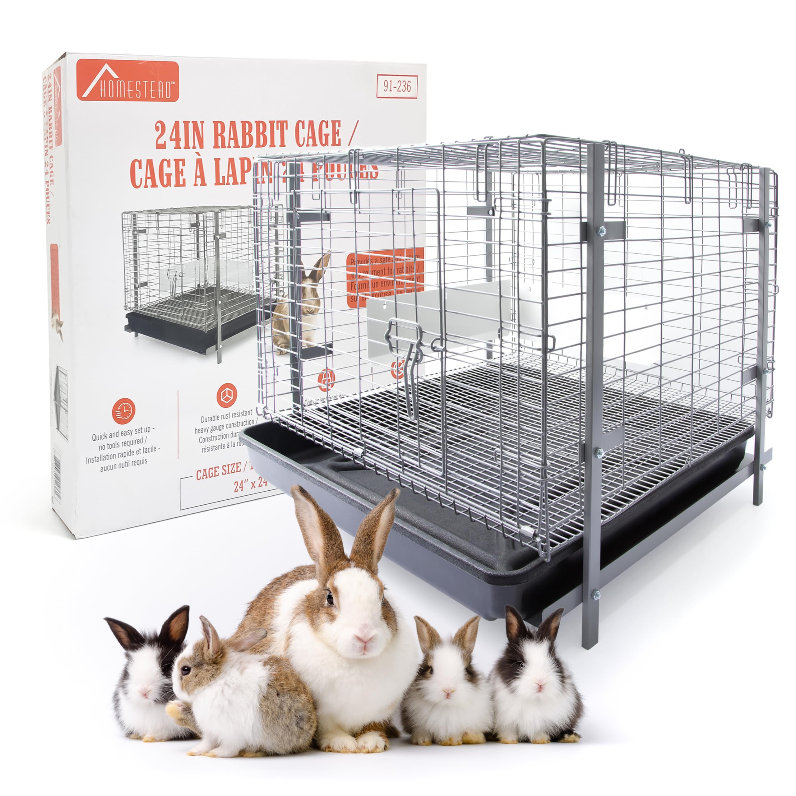 Homestead Bunny Cages With Tray - 24-Inch Easy-Clean Rabbit Cage With Enhanced Kit - Leg, Frame, & Urine Guard Included - Ideal 