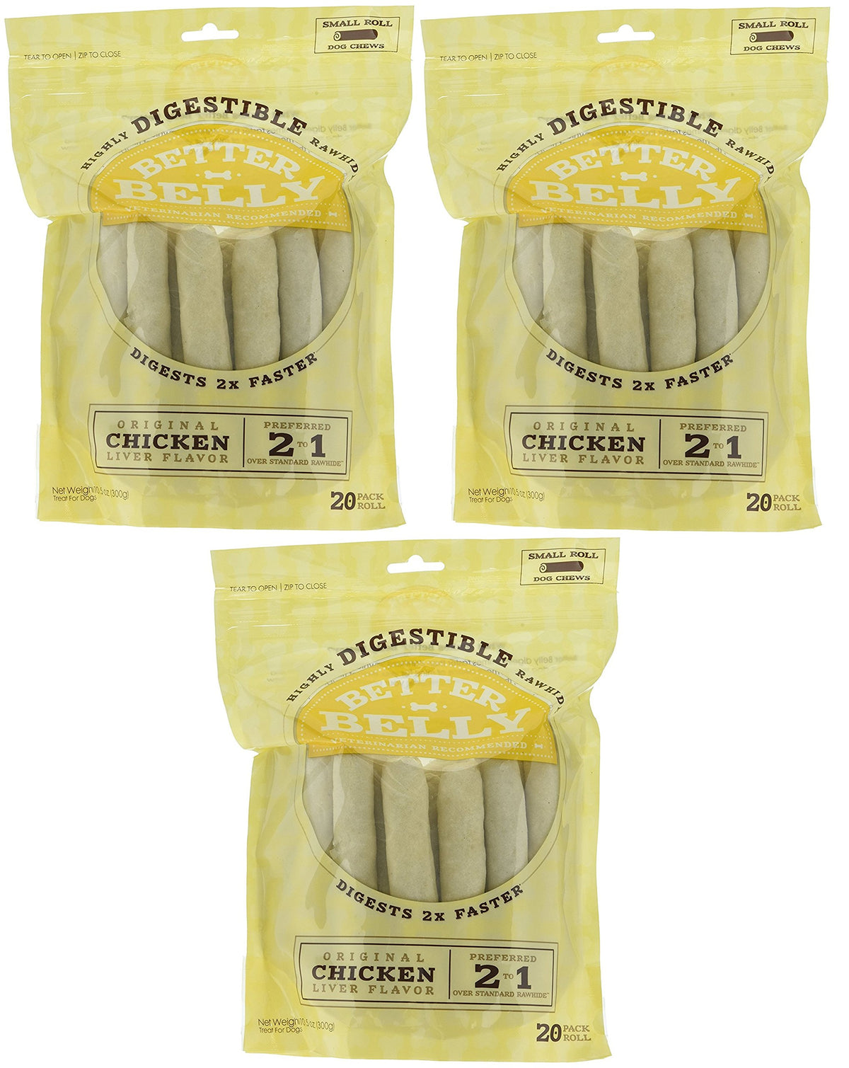 Better Belly Small Roll Bones, 60 Bones (3 Packs With 20 Bones Per Pack)