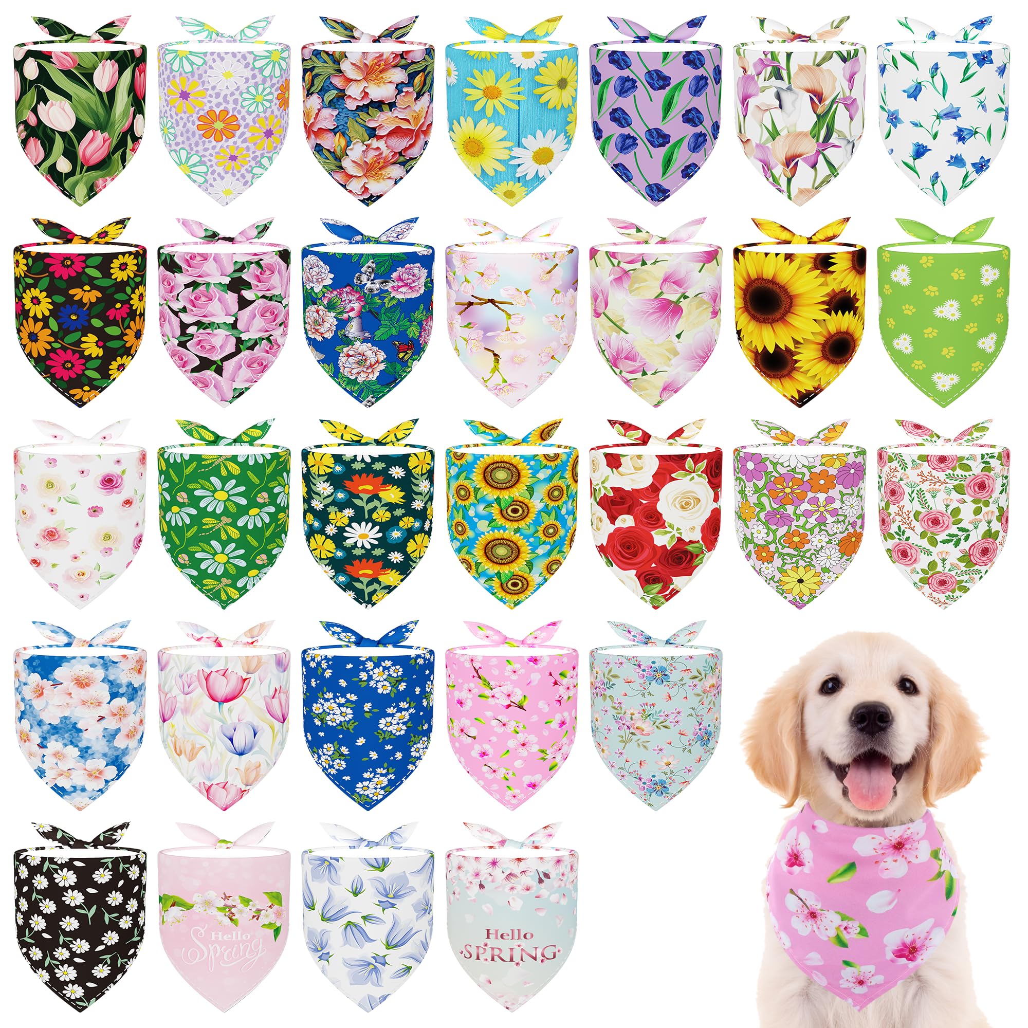 Pai Sence Spring Dog Bandanas Bulk 30 Pcs Adjustable Flowers Dog Bandanas for Small Medium Dogs Breed 25 Inch Spring Scarves Gro