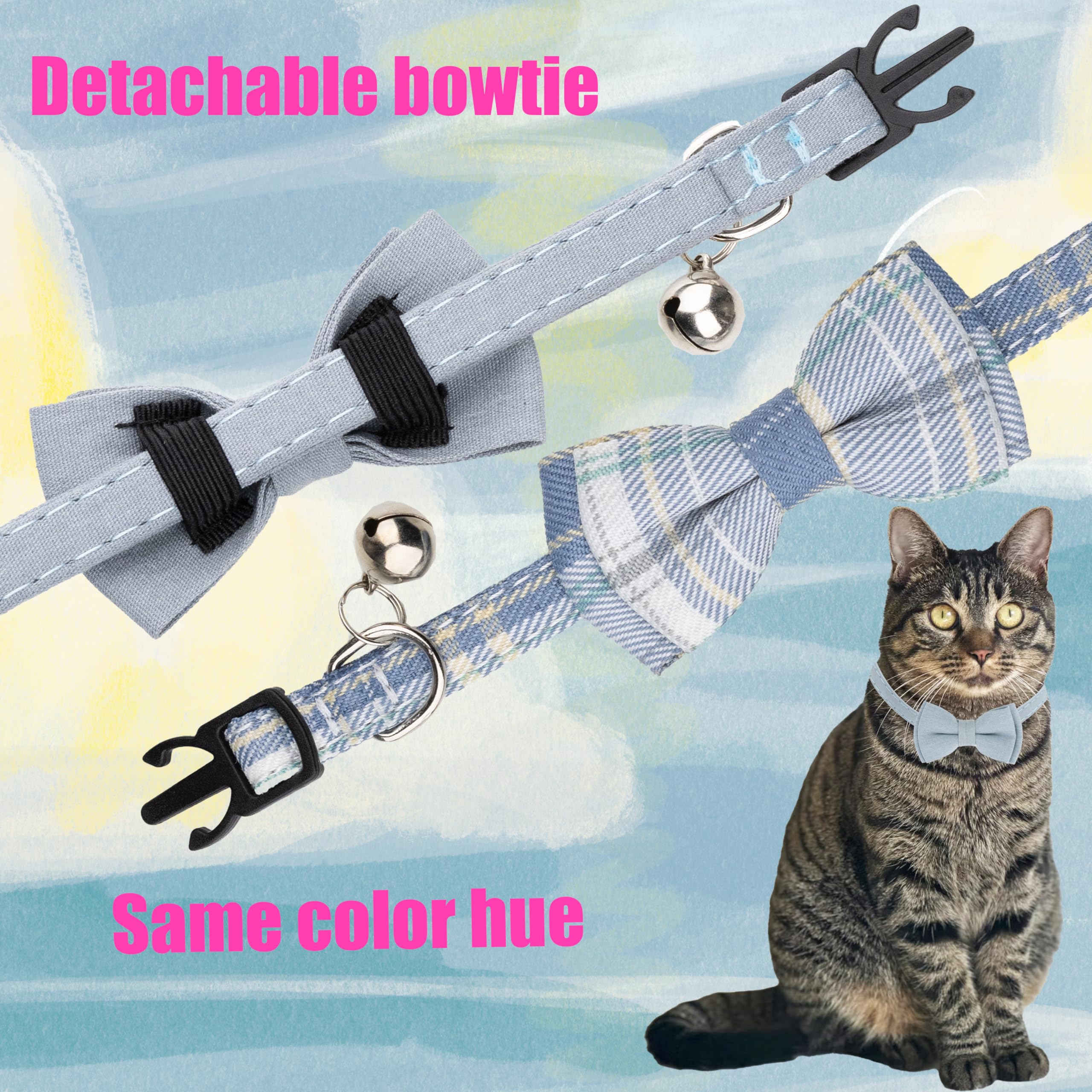 Gyapet Cat Collar Breakaway Bowtie Safety With Bell Adjustbale Kitten Puppy Solid Plaid Color Set D-[2Pcs] Blue Grey