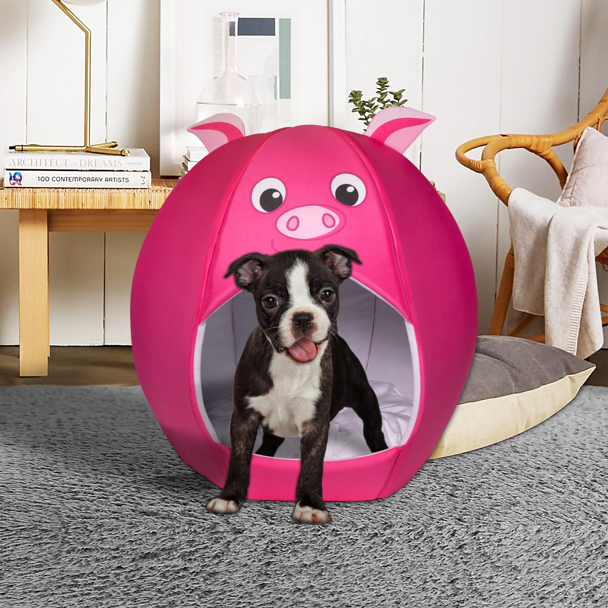 Maccabi Art Pig Theme Dog Bed - Cute Igloo Style Pet Bet - Fits Medium Dogs, Puppies, Cats - Pillow Insert With Plush Lined Inte