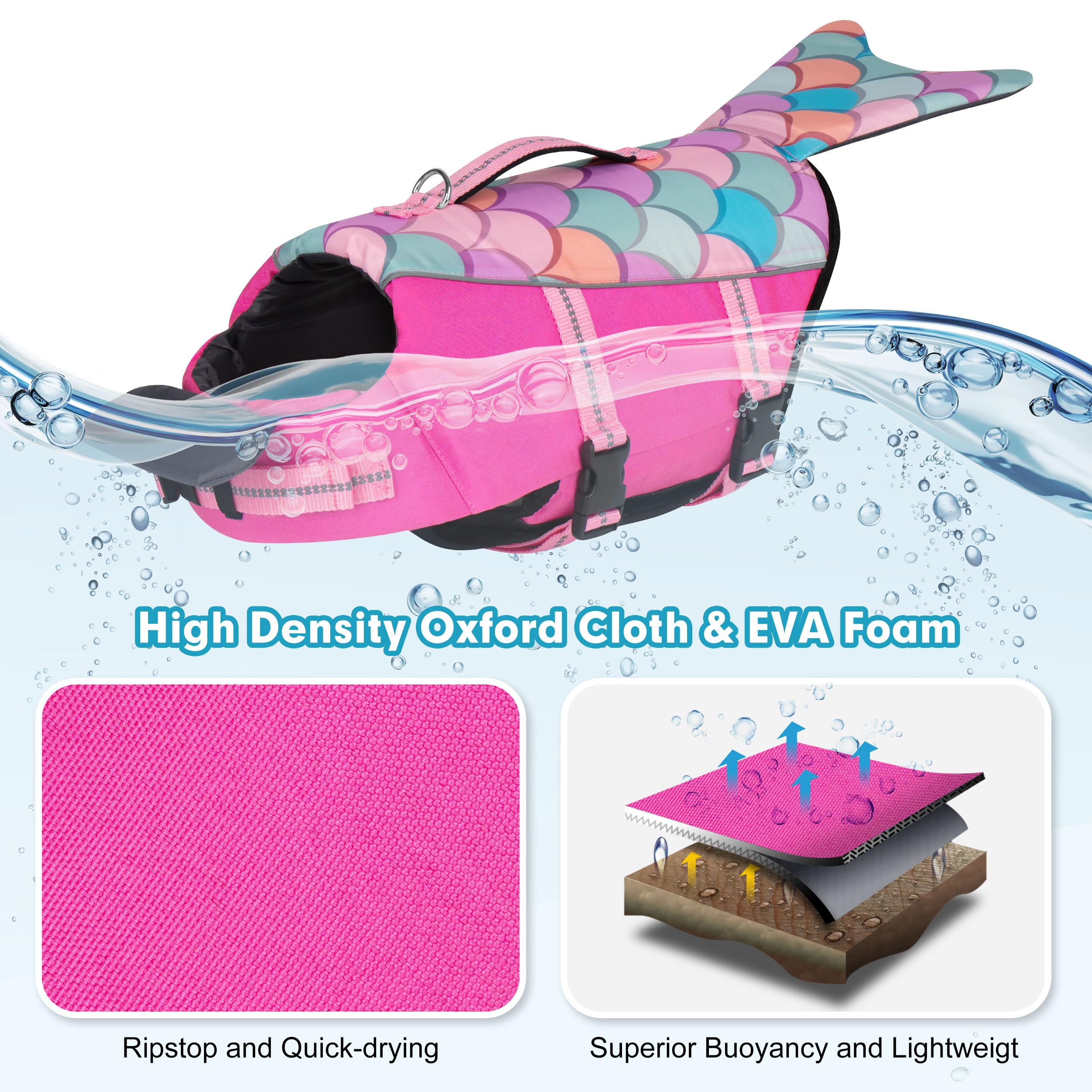 Cyeollo Dog Life Jacket Reflective Mermaid Dog Life Vest For Swimming Boating, High Buoyancy Pet Life Preserver Lightweight Larg