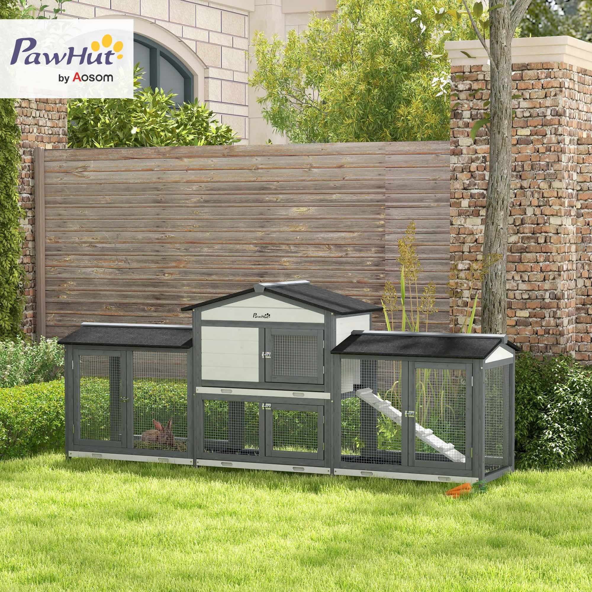 Pawhut 90.5'' Wooden Rabbit Hutch Bunny Cage Pet Playpen House Enclosure With Double Side Run Boxes, No Leak Tray, Ramp, For Gui