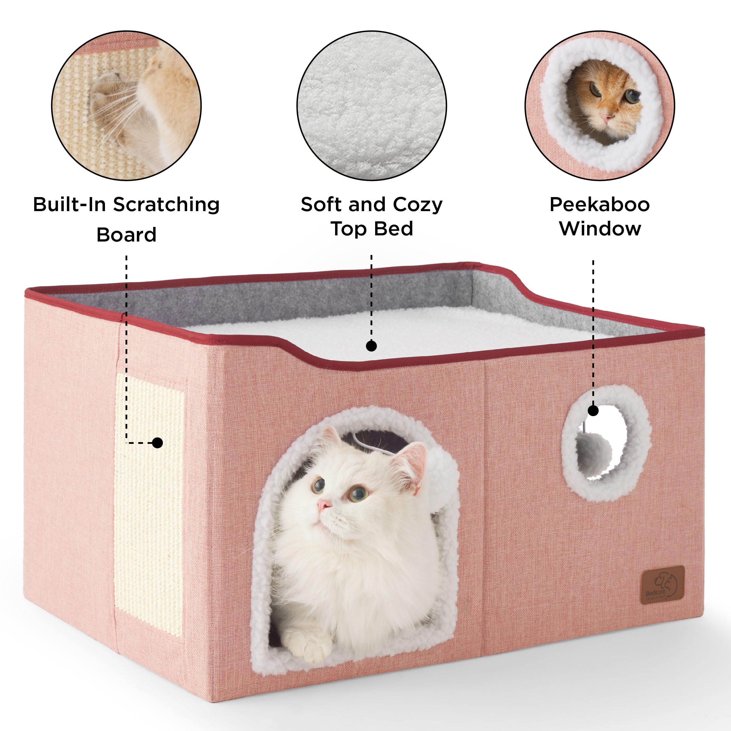 Bedsure Large Cat Beds For Indoor Cats - Extra Wide Cat Cube House For Small Pet With Fluffy Ball Hanging And Scratch Pad, Folda