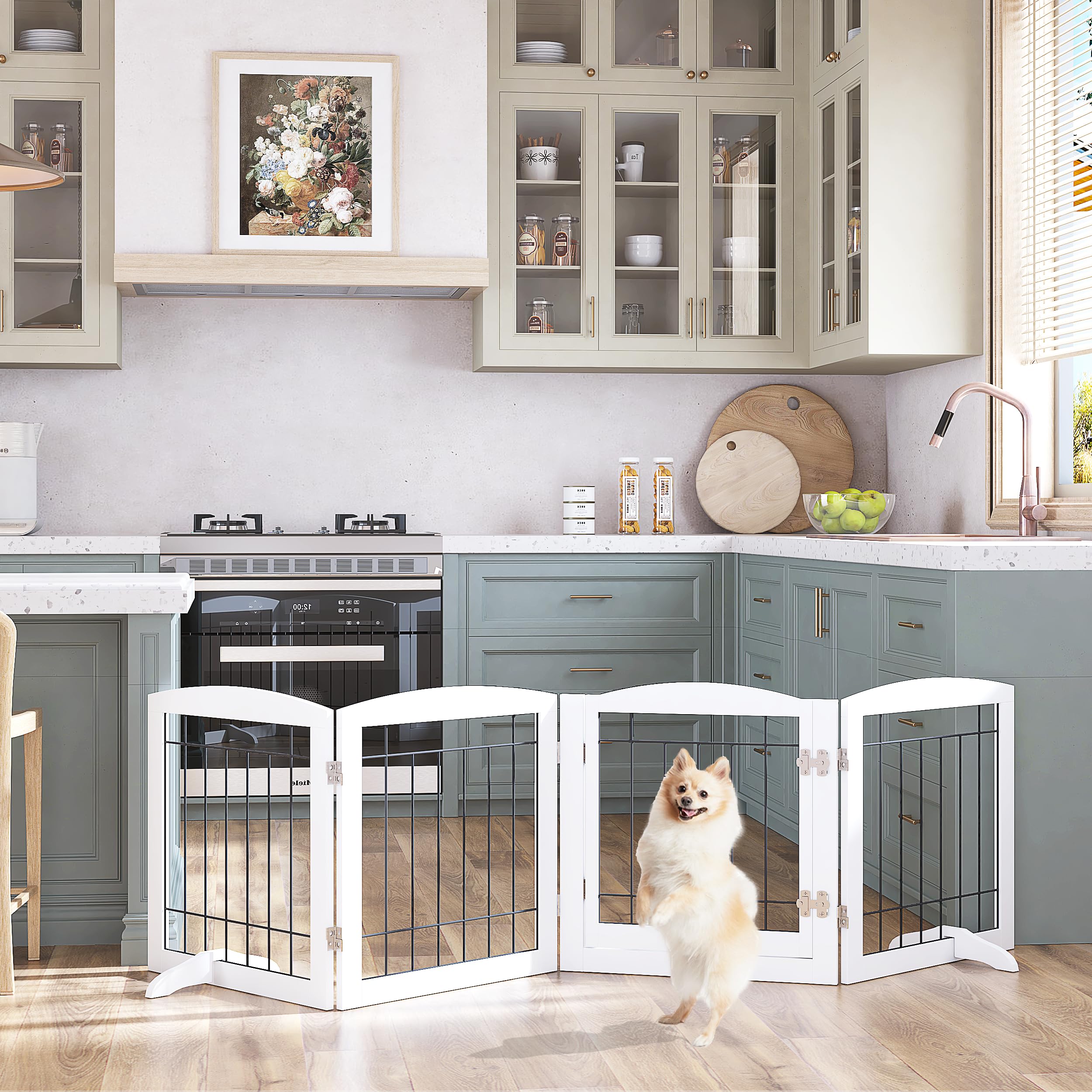 PAWLAND Freestanding Dog Gate with Door, 80" Wide, 24" Tall, White, 4 Panels, Wood Safety Fence for Home, Doorway, Stairs