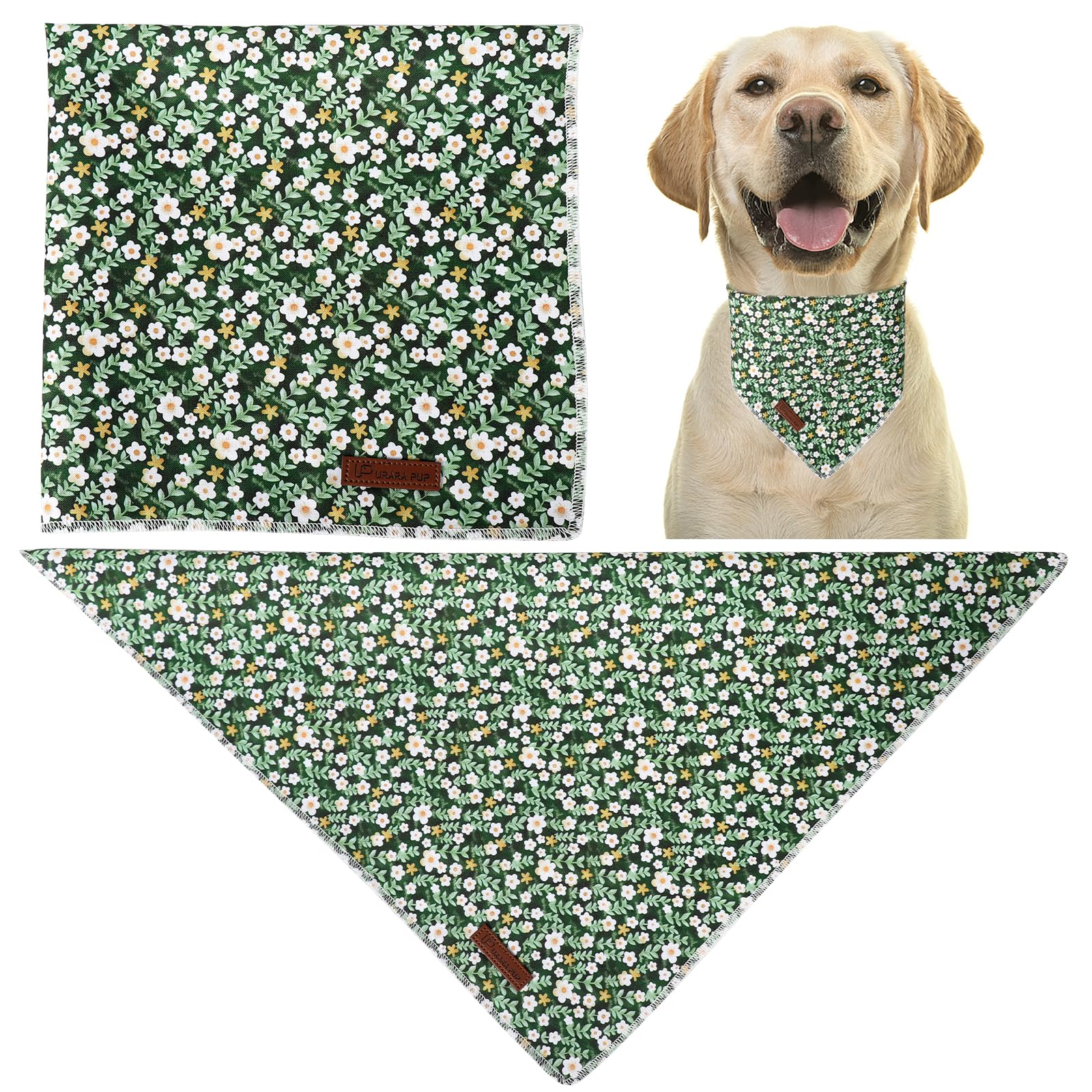 Up Urara Pup Summer Dog Bandana,Cute Pet Bandana With Flower Pattern,Adjustable Green Puppy Dog Bibs,Washable Triangle Dog Scarf