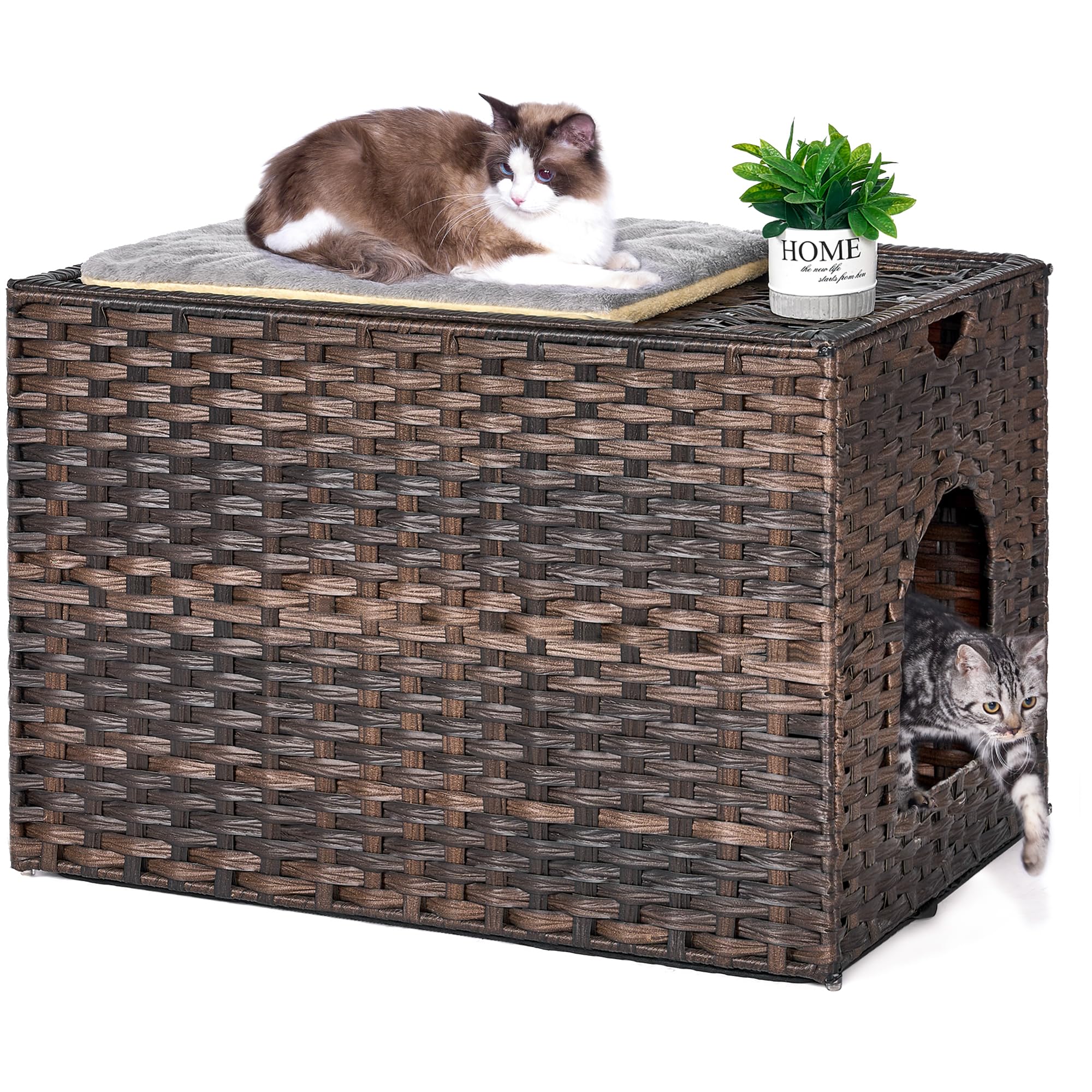 Cat Litter Box Enclosure With Litter Trapping Mat; Handwoven Plastic Rattan Cat House; No Installation Hidden Cat Washroom; Pet 