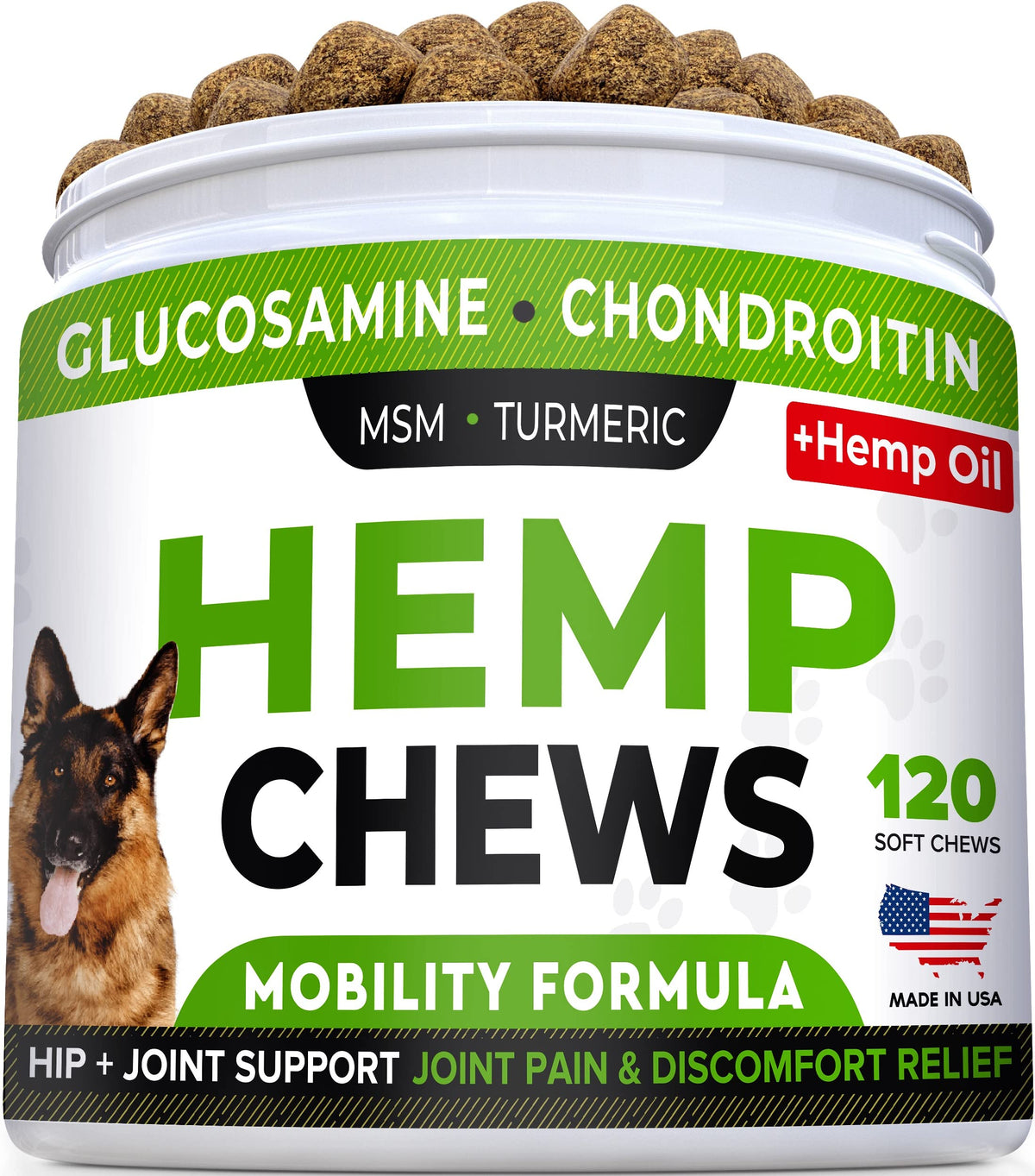 Strellalab Hemp Treats + Glucosamine For Dogs - Hip & Joint Supplement - W/Hemp Oil + Protein - Chondroitin, Msm, Turmeric To Improve Mobility & Energy - Natural Joint Pain Relief - Bacon Flavor