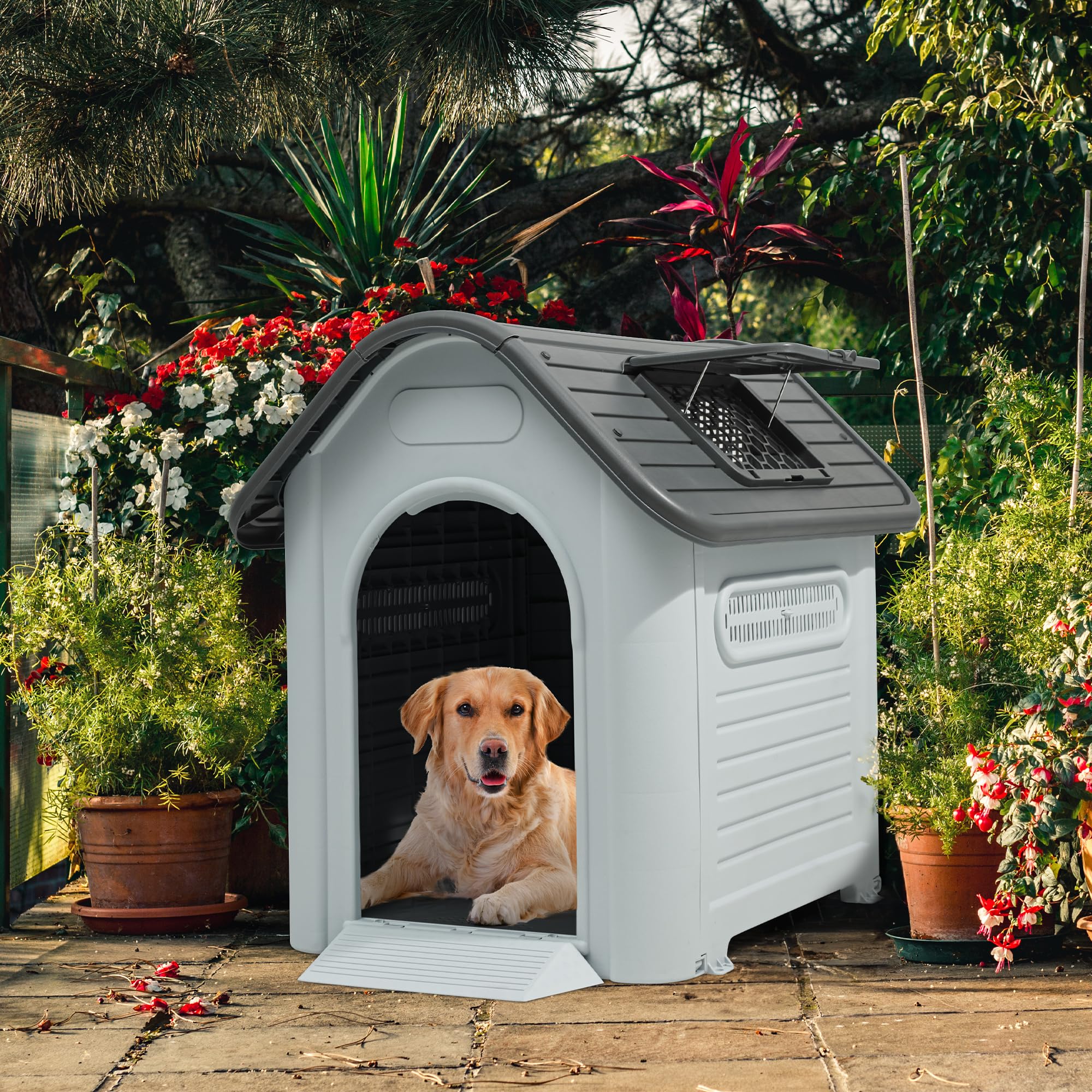 Yitahome 39.4'' Large Dog House Outdoor Plastic Doghouse Water Resistant Pet House With Adjustable Skylight And Elevated Base Fo