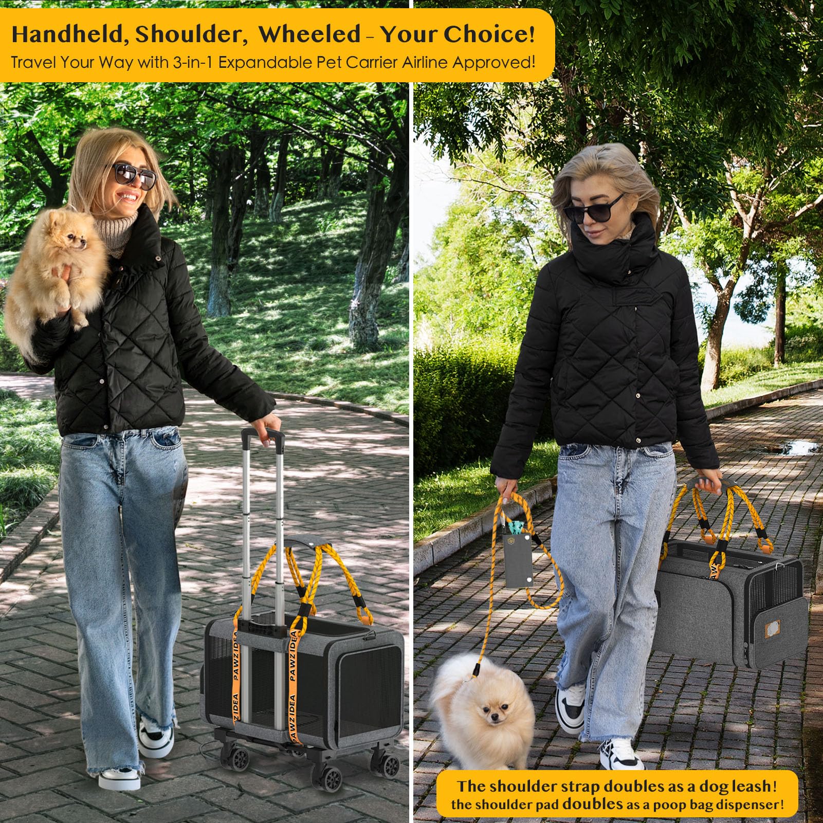 Pawzidea Expandable Pet Carrier With Wheels, 18X11X11 Tsa Airline Approved Cat Carrier W/Id Card For 2 Cats, Small Dog Carrier C