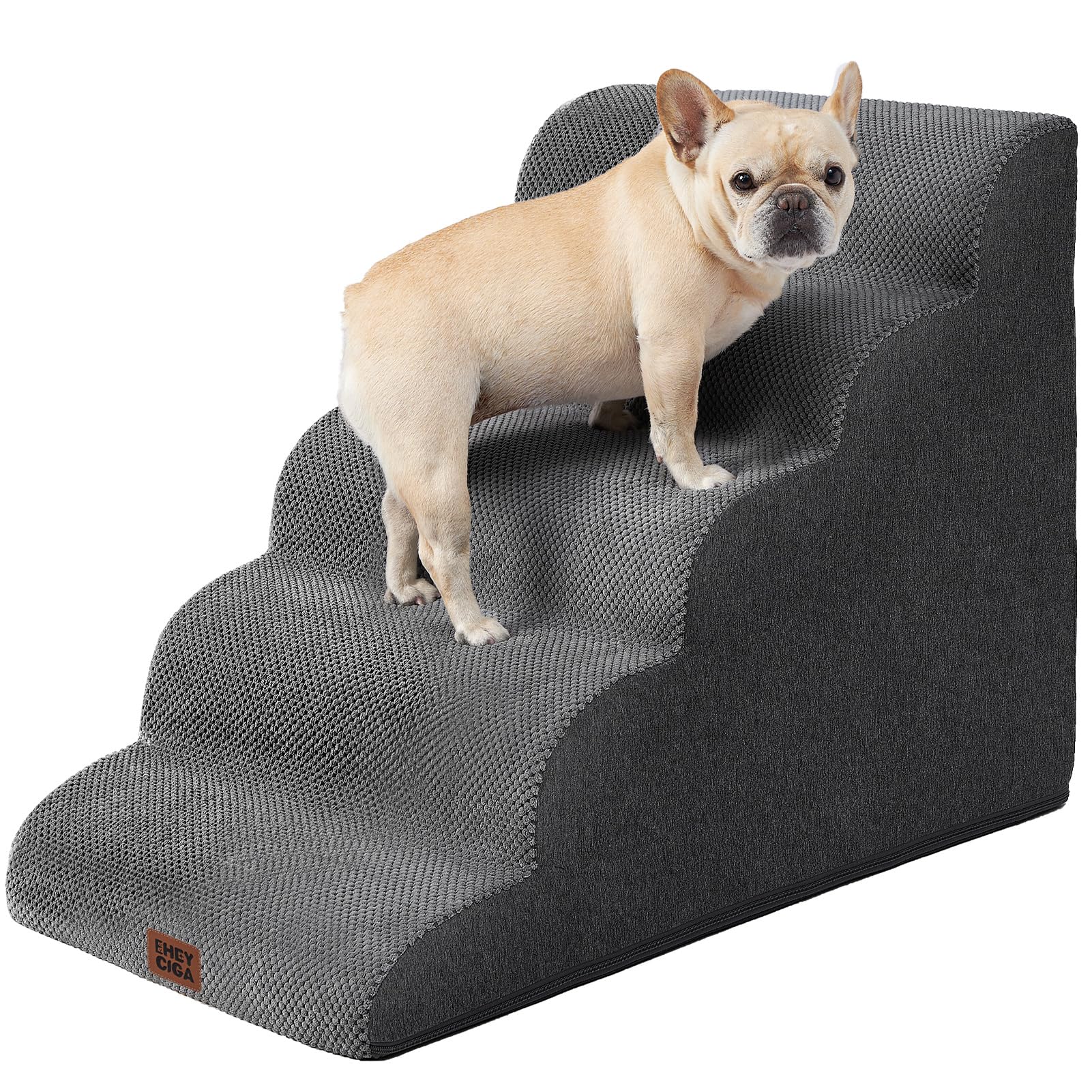 EHEYCIGA 5-Step Curved Dog Stairs Ramp for High Beds, Extra Wide Non-Slip Pet Steps for Small Dogs & Cats, Grey