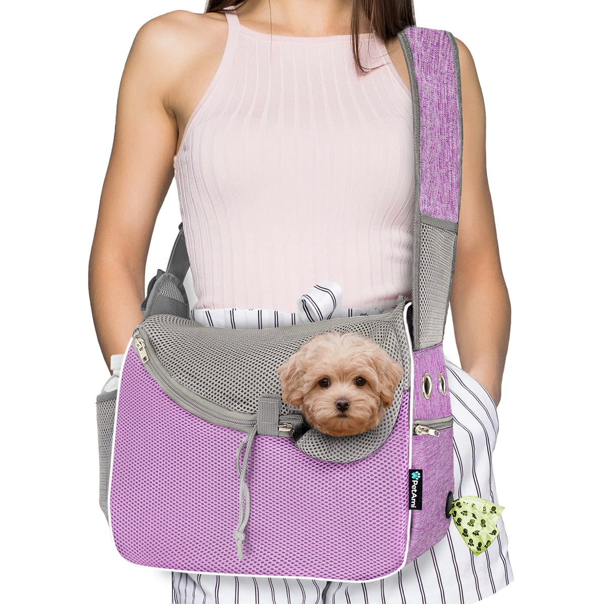 Petami Small Dog Sling Carrier, Soft-Sided Crossbody Puppy Carrying Purse Bag, Adjustable Sling Pet Pouch To Wear Medium Dog Cat Travel, Dog Bag For Traveling, Breathable, Poop Bag Dispenser, Purple