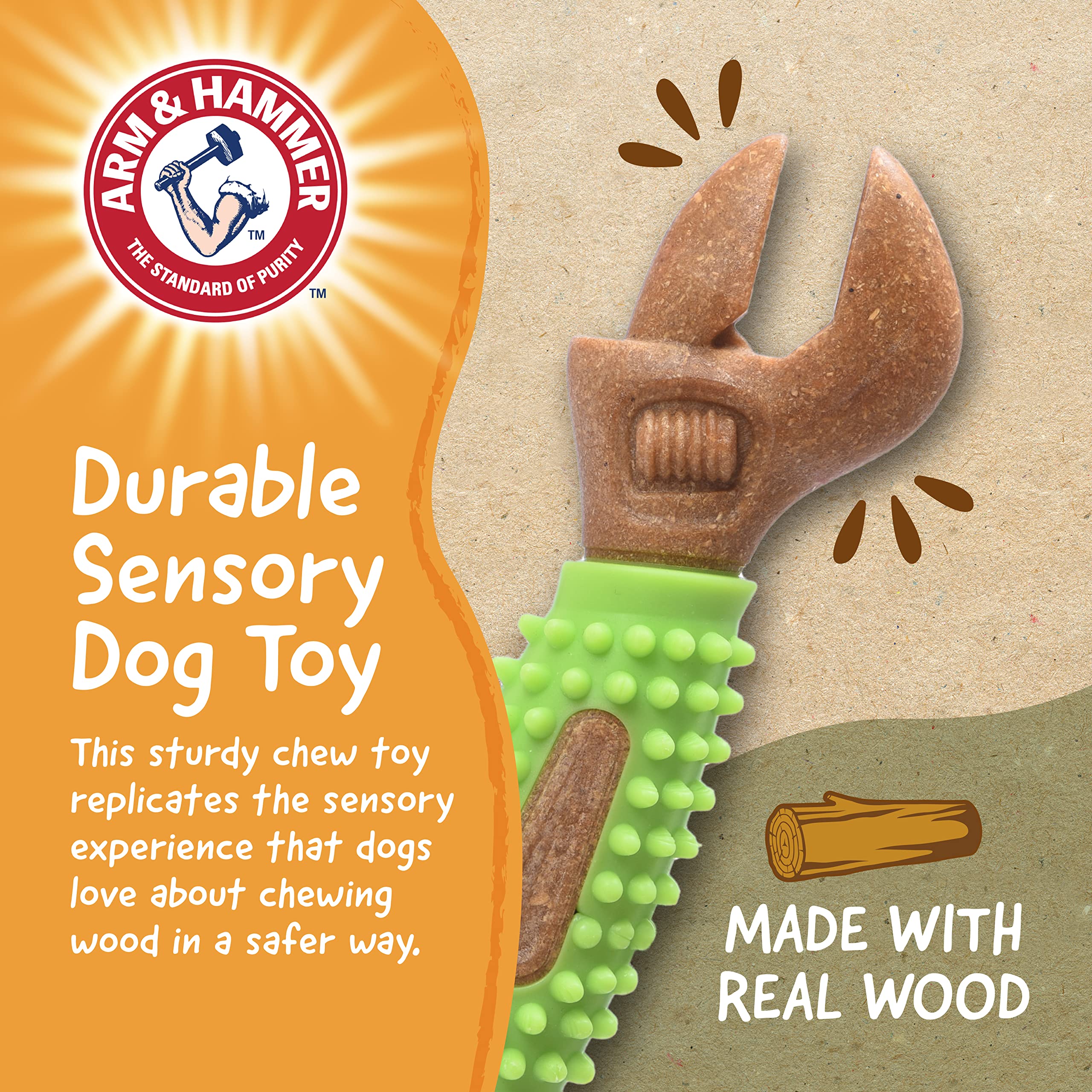 Arm & Hammer for Pets Chew Tools Collection: Wood Blend Wrench Chew Toy for Dogs | Compressed Wood Dog Chew Toys with Baking Sod