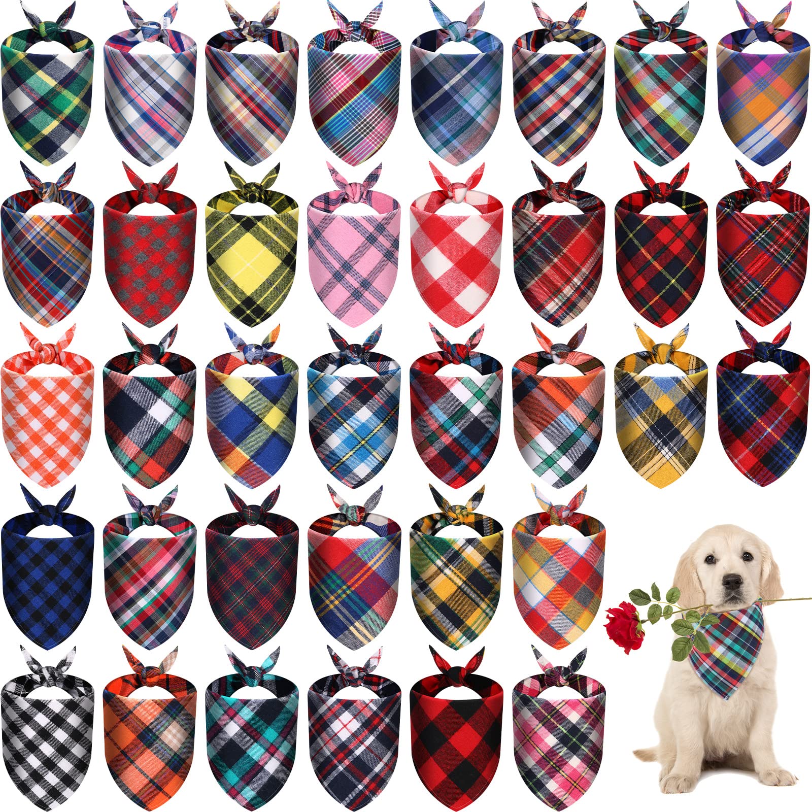 100 Pcs Bulk Dog Bandanas Plaid Dog Scarf Cute Pet Bandanas Washable Cotton Puppy Cat Bandanas Comfortable Dog Bib Kerchief For 