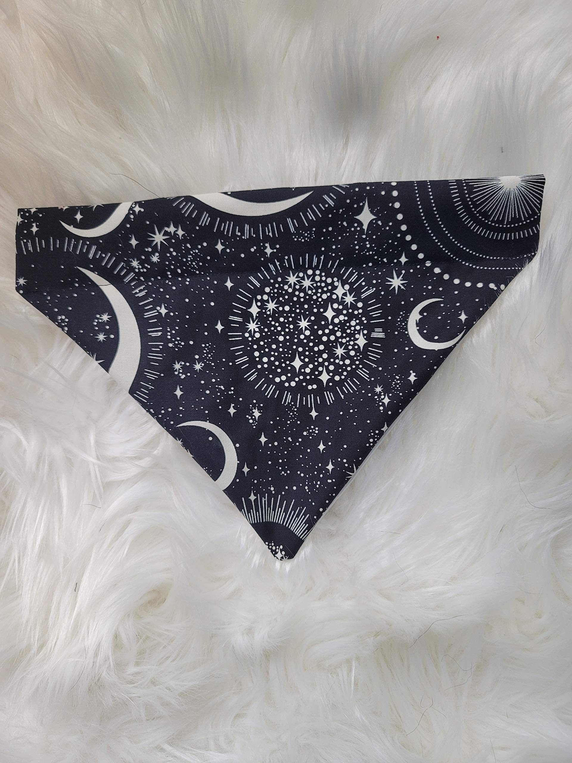 Glow In The Dark Black And White Moons And Stars Over The Collar Dog Bandana That Slips Onto Their Existing Collar Size Extra La