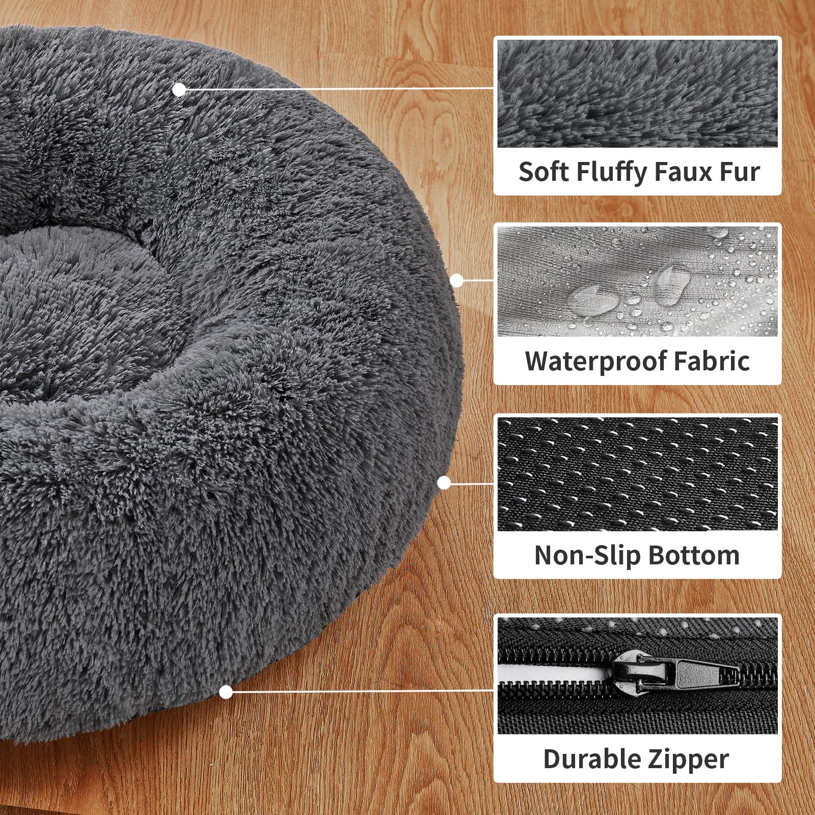 Ohgeni Calming Donut Dog Bed Pillow For Large Pets, Machine Washable Removable Cover, Comfort Plush Fluffy Faux Fur With Anti-Slip Bottom, Cats-Friendly Round Cuddly Design, Gray, 36 Inches