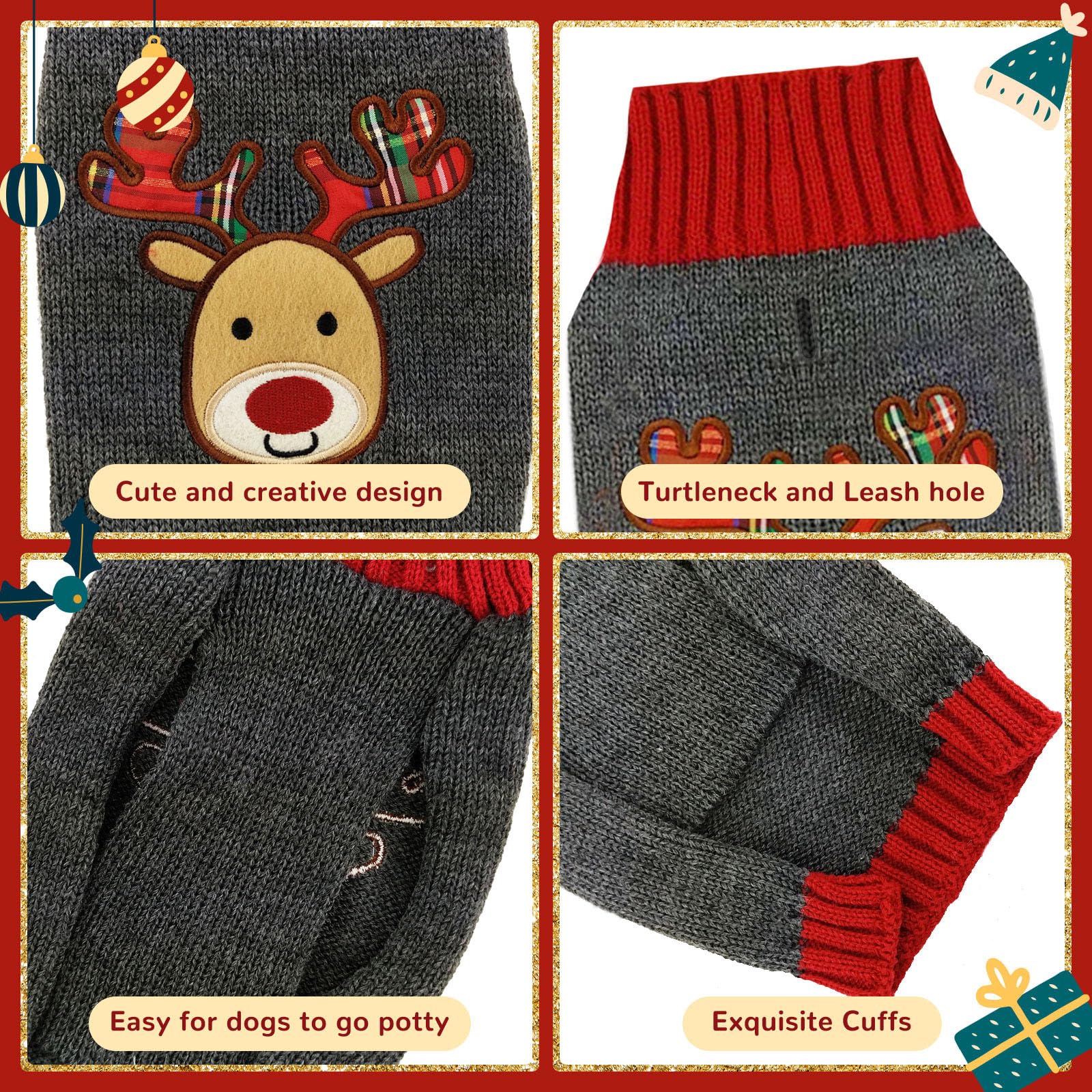 Axiijgl Christmas Reindeer Dog & Cat Fleece Sweater - Striped Winter Clothes With Leash Hole