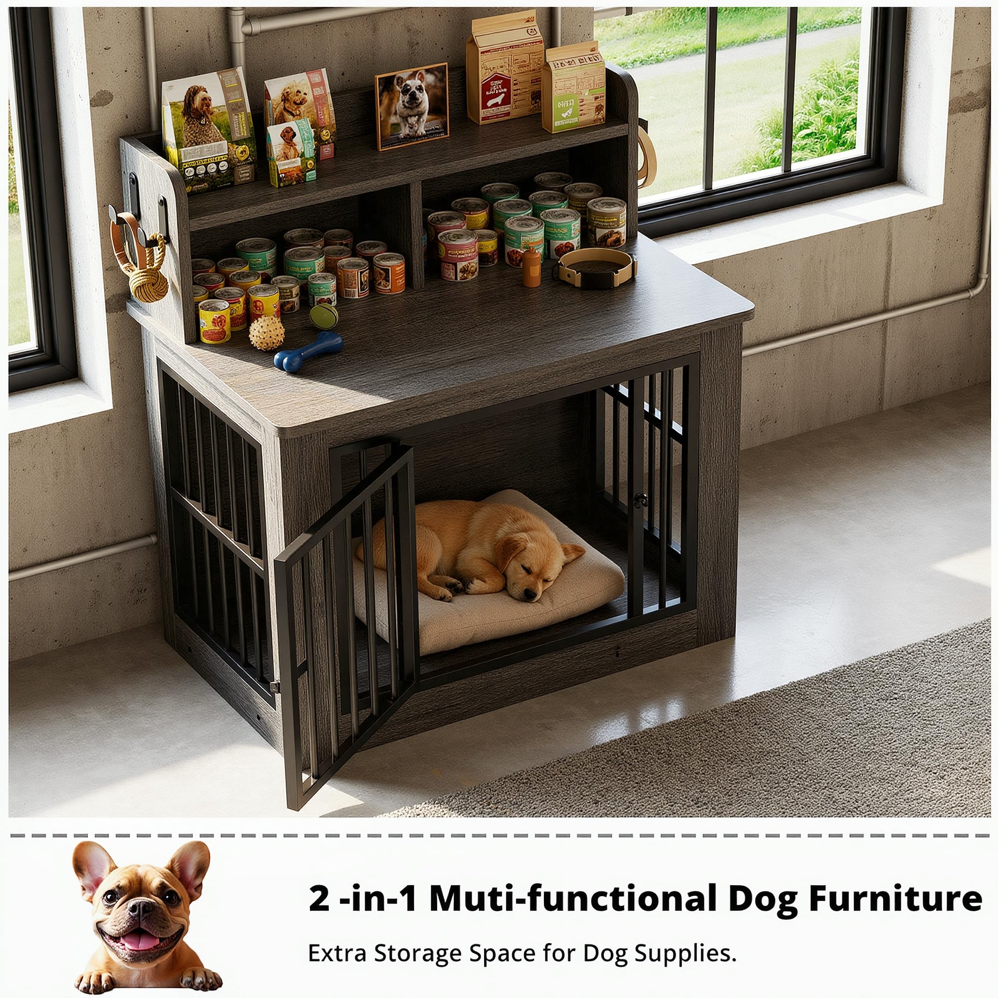 IRONCK Dog Crate Furniture, 33.4 inches Wooden Small Dog Crate with Storage and 4 Hooks, Heavy Duty Pet Crate for Small Dog, Dec
