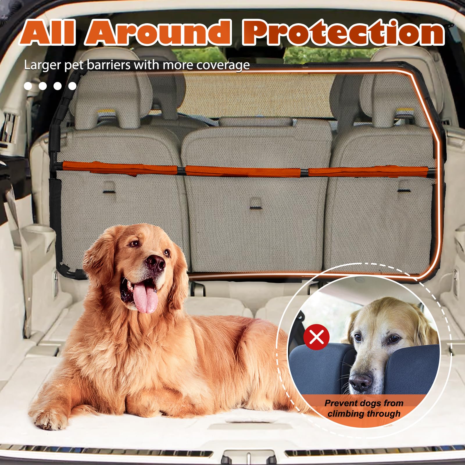 Furggis Dog Car Barrier, 50'' Wide See Through Car Divider Back Seat For Cargo Area,Travel Trunk Backseat Car Net Mesh Separator