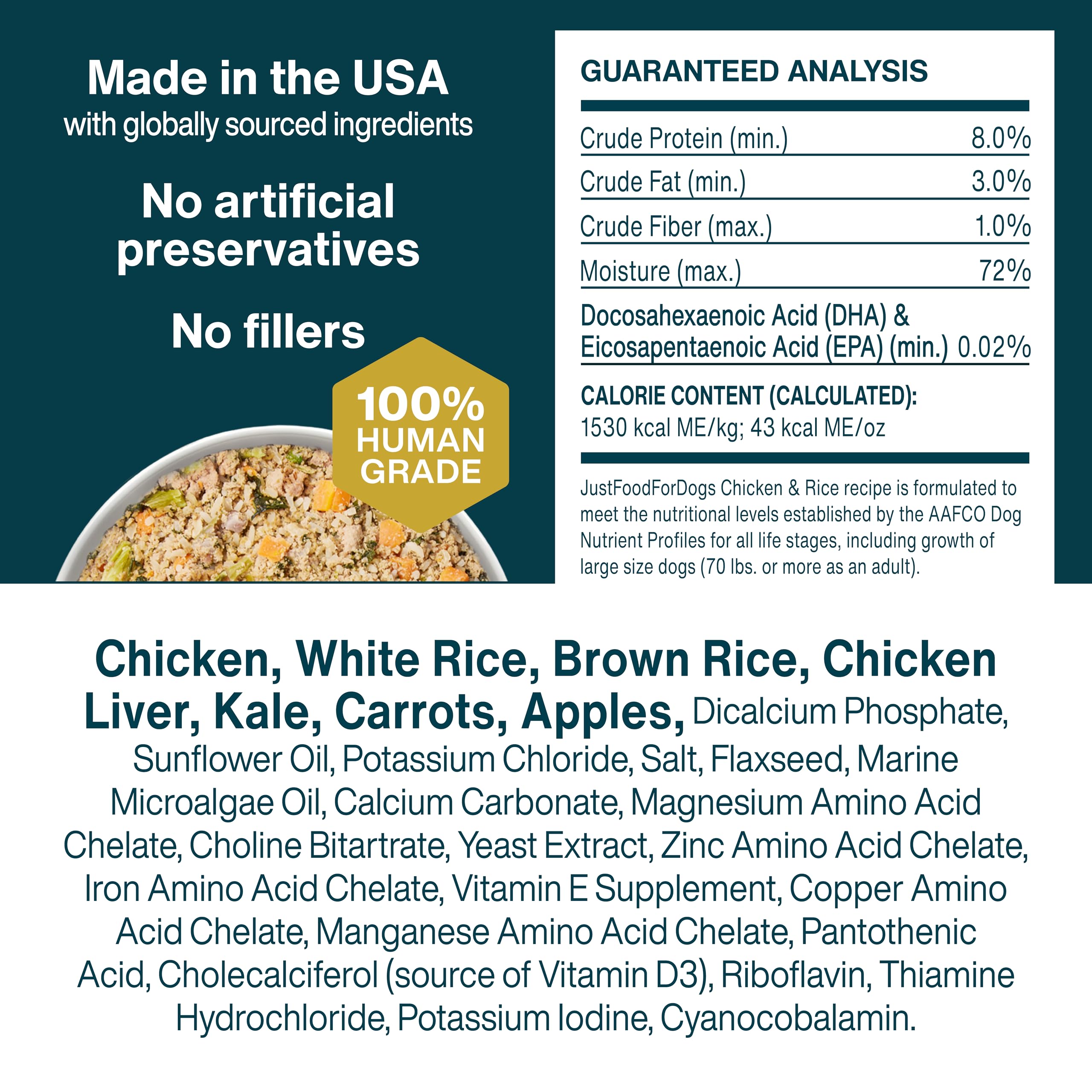 JustFoodForDogs Frozen Fresh Dog Food, Complete Meal or Dog Food Topper, Chicken & Rice Human Grade Recipe, 18 oz (Pack of 14)