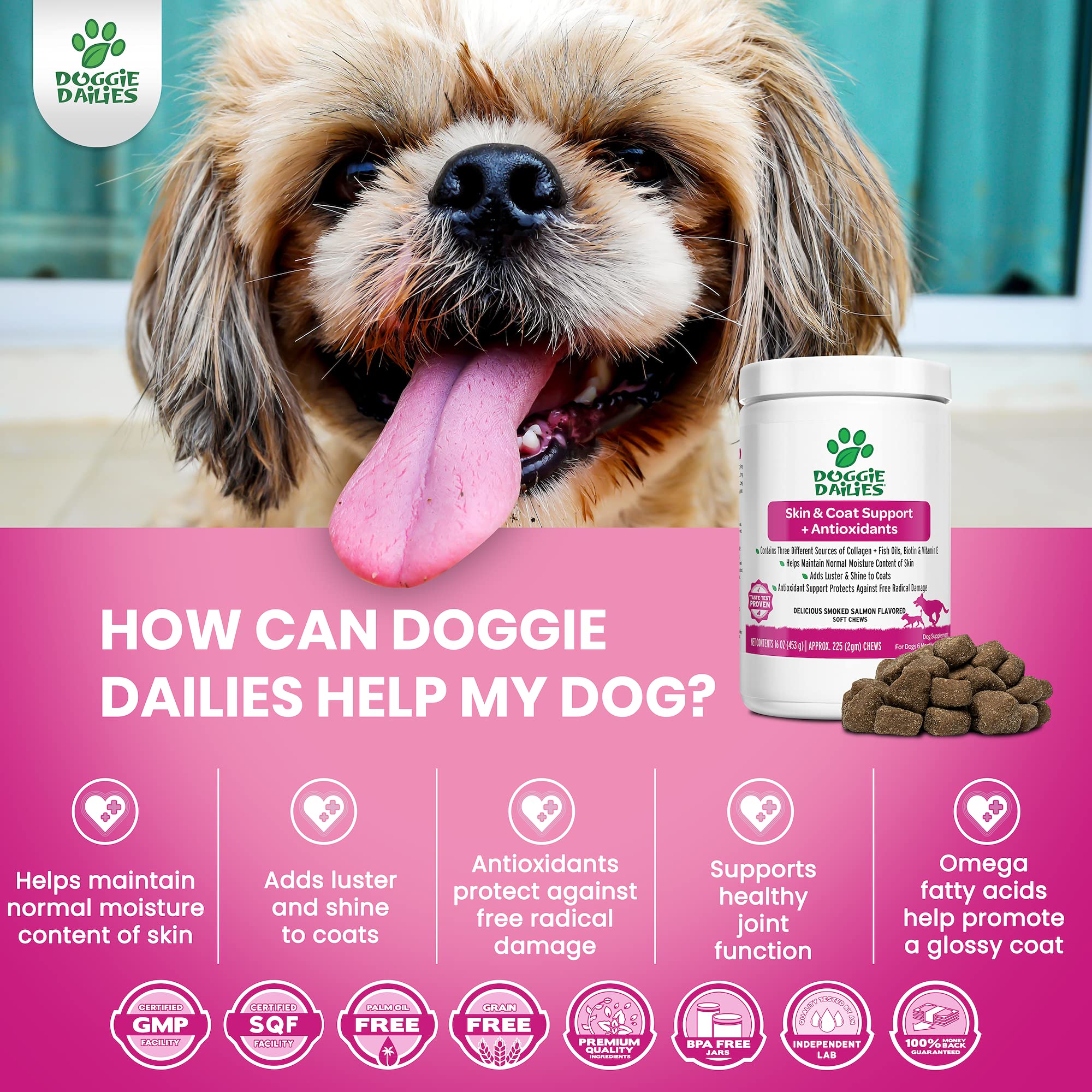 Doggie Dailies Skin & Coat Supplement + Antioxidant Support, 225 Soft Chews, Salmon Oil for Dogs Skin and Coat with Collagen, Om