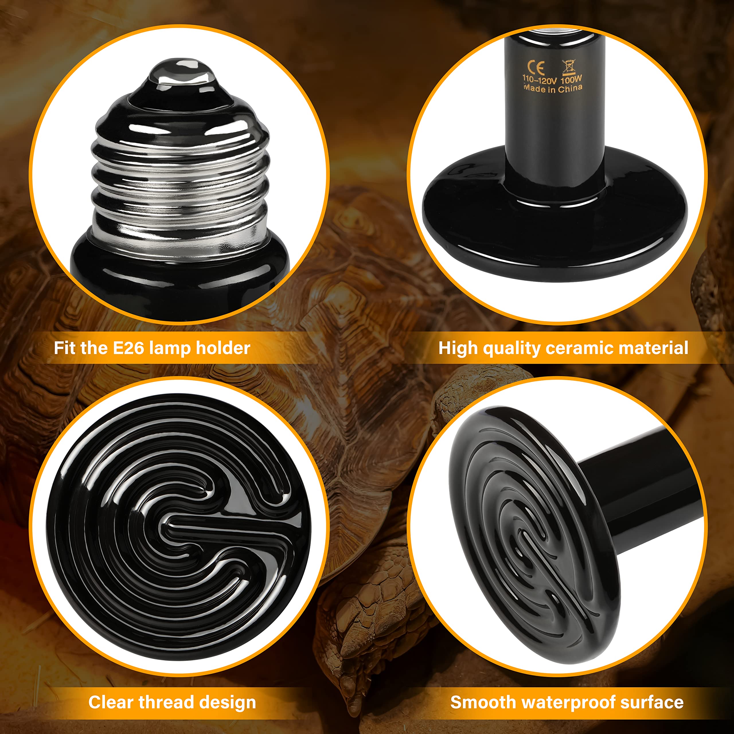 HealSmart Reptile Heat Lamp 150W Ceramic Heat Emitter, No Light Emitting Heat Bulbs for Amphibian Pet Brooder Coop Incubating Ch