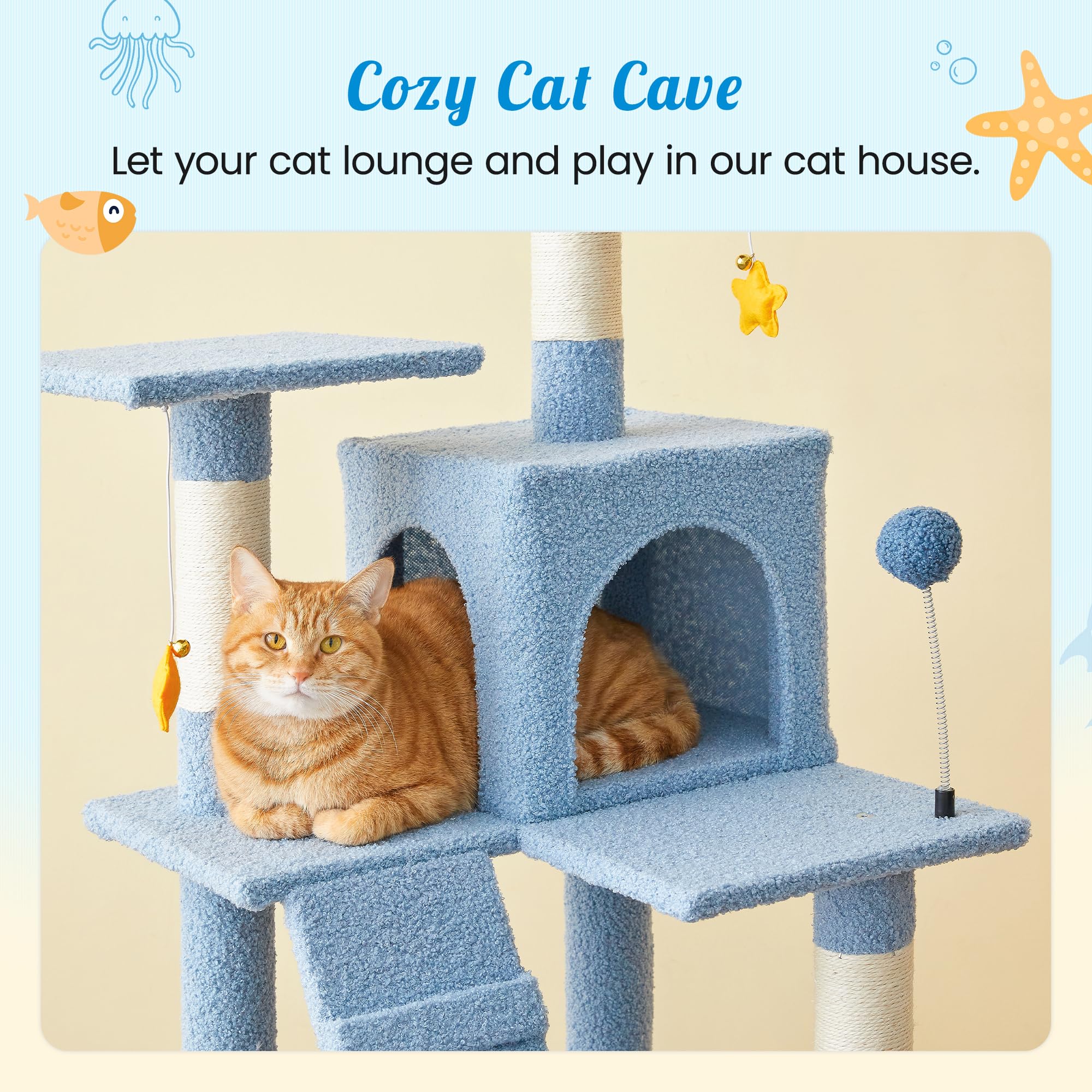Mwpo Ocean-Themed Cat Tree For Indoor Cats, 63.8 Inches Multi-Level Tower With Sisal-Covered Scratching Posts, Padded Platform,