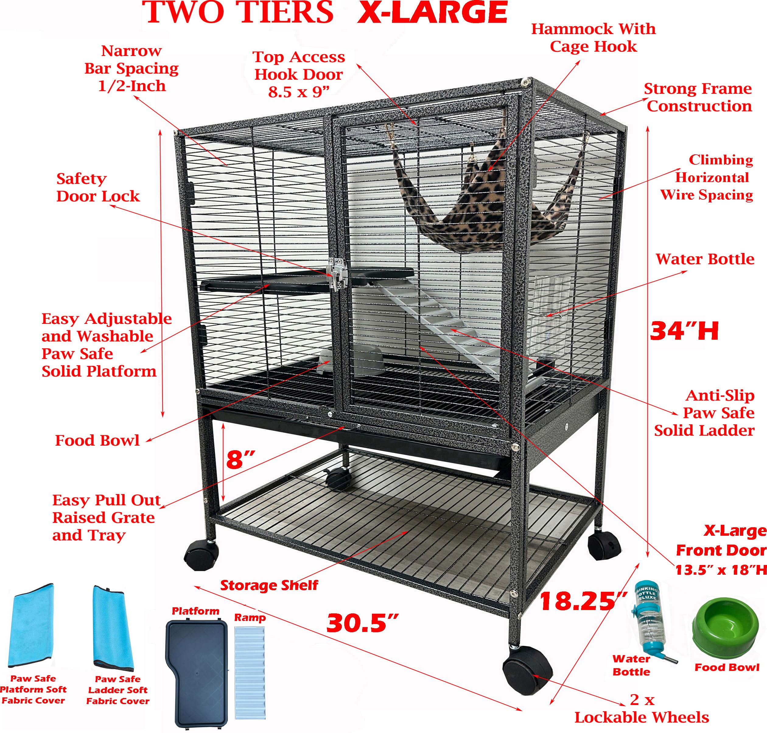 Extra Large 30.5''X18.25''X34''H Two Tiers X-Large Front Doors Top Access Door Tight 1/2-Inch Wire Spacing For Feisty Ferret Ham