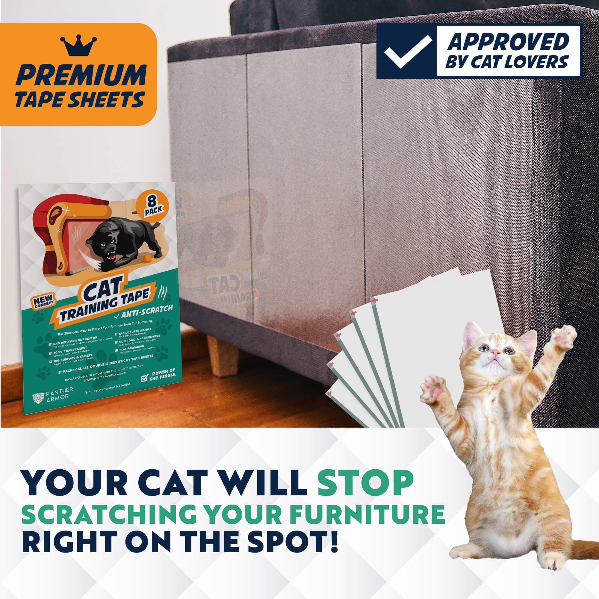 Panther Armor Cat Scratch Deterrent Tape - 8-Pack Double Sided Sofa Anti Scratching Sticky Tape - 4-Pack Xl + 4-Pack L Couch Corner Furniture Protector From Cats