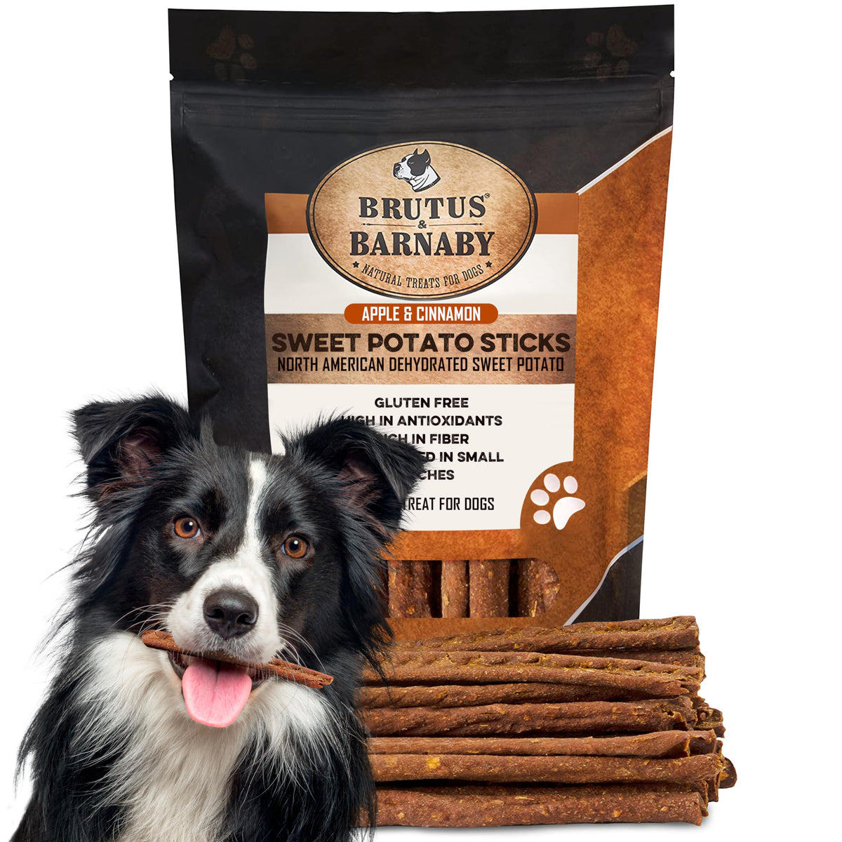 Brutus & Barnaby Usa Sweet Potato Dog Treats - Crunchy Grain Free Cinnamon Apple Sticks, Promotes Positive Gut Health With Natural Anti-Diarrhea Properties (Cinnamon & Apple, 8 Oz)