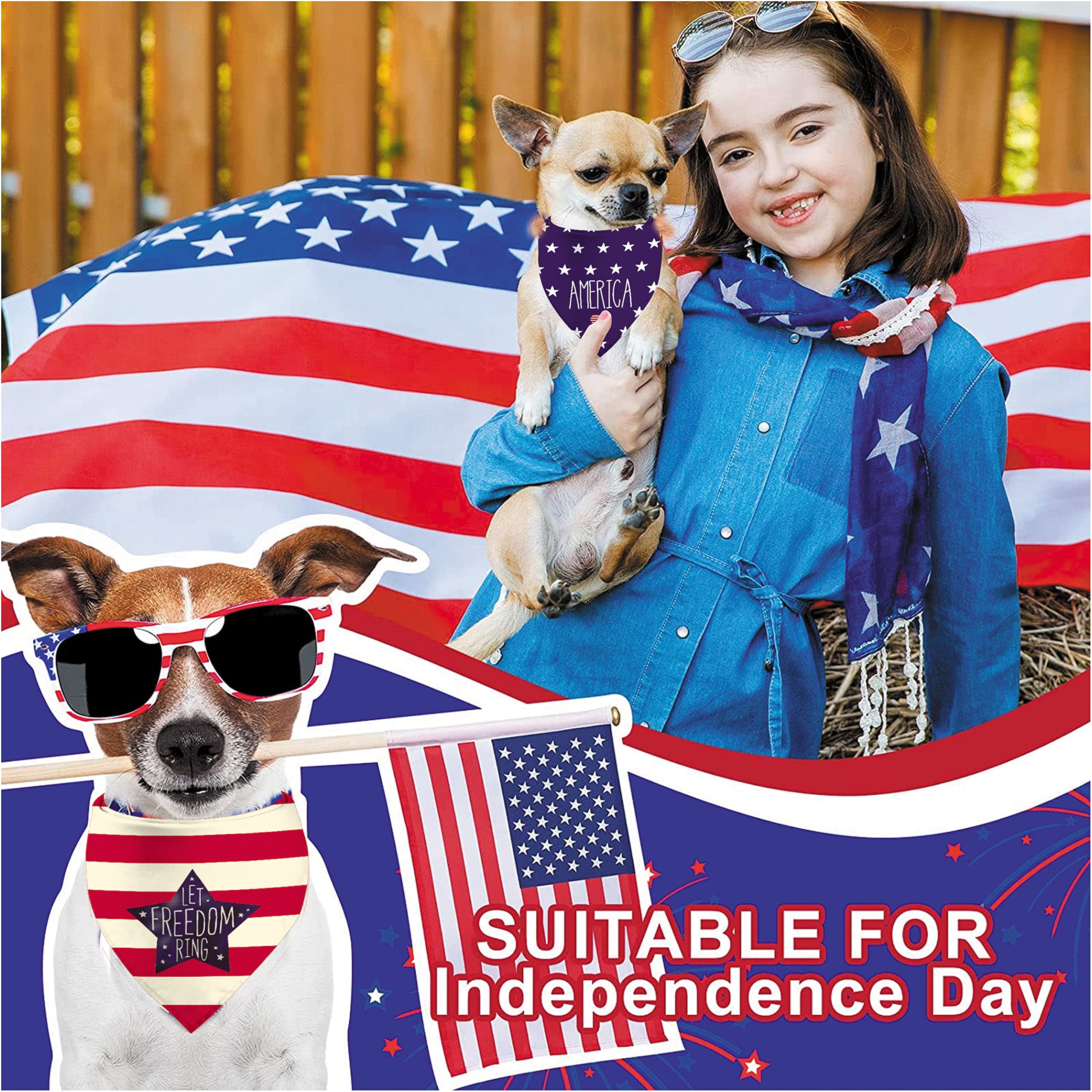 Patriotic Dog Bandanas Puppy Scarf - 4Th Of July American Flag Dog Outfits - 2 Pcs Adjustable Triangle Double-Layer Reversible I