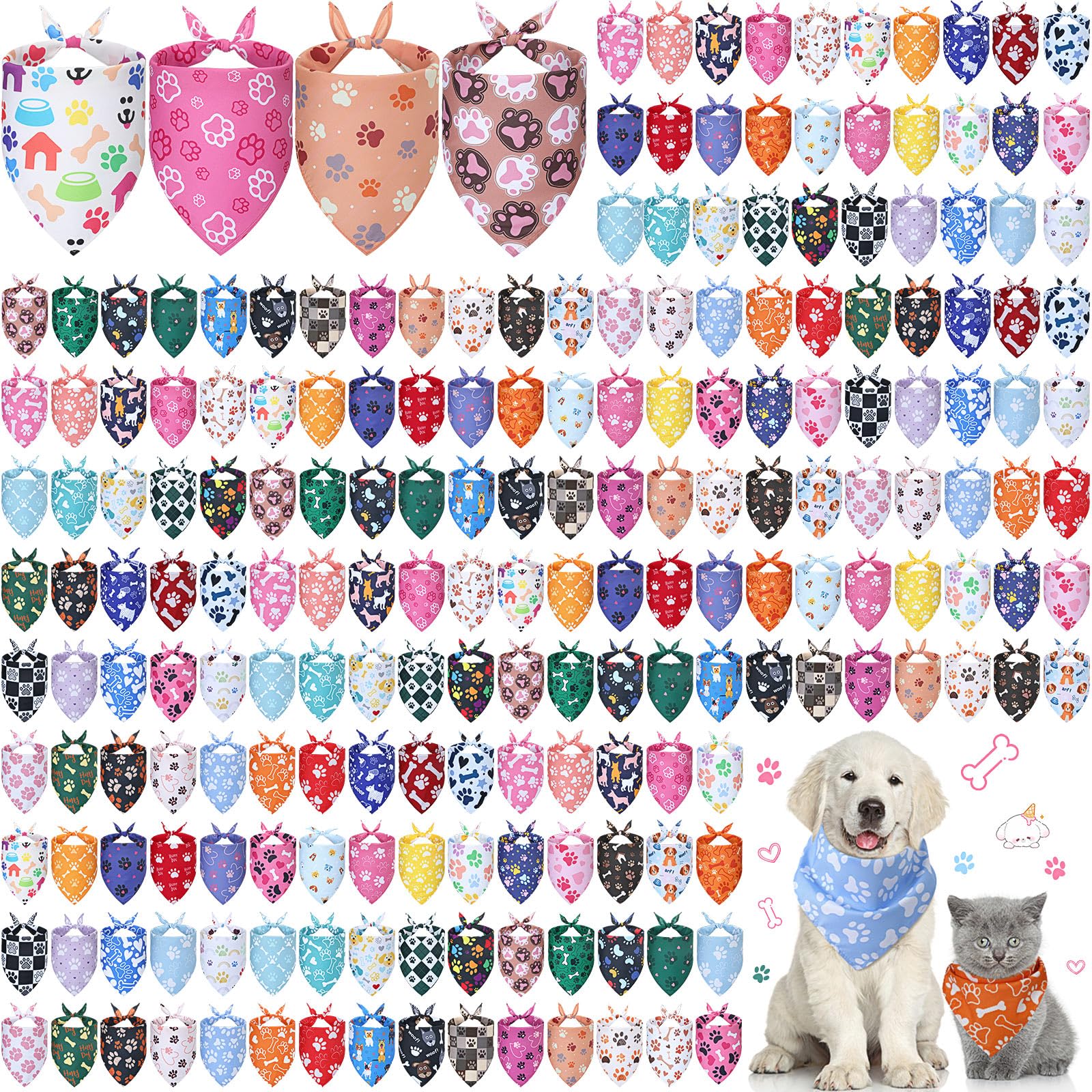 Kacctyen 200 Pcs Dog Bandanas Bulk Dog Paw Printed Pet Scarf Bibs Adjustable Washable Kerchief Daily Holiday Party Pet Costume A