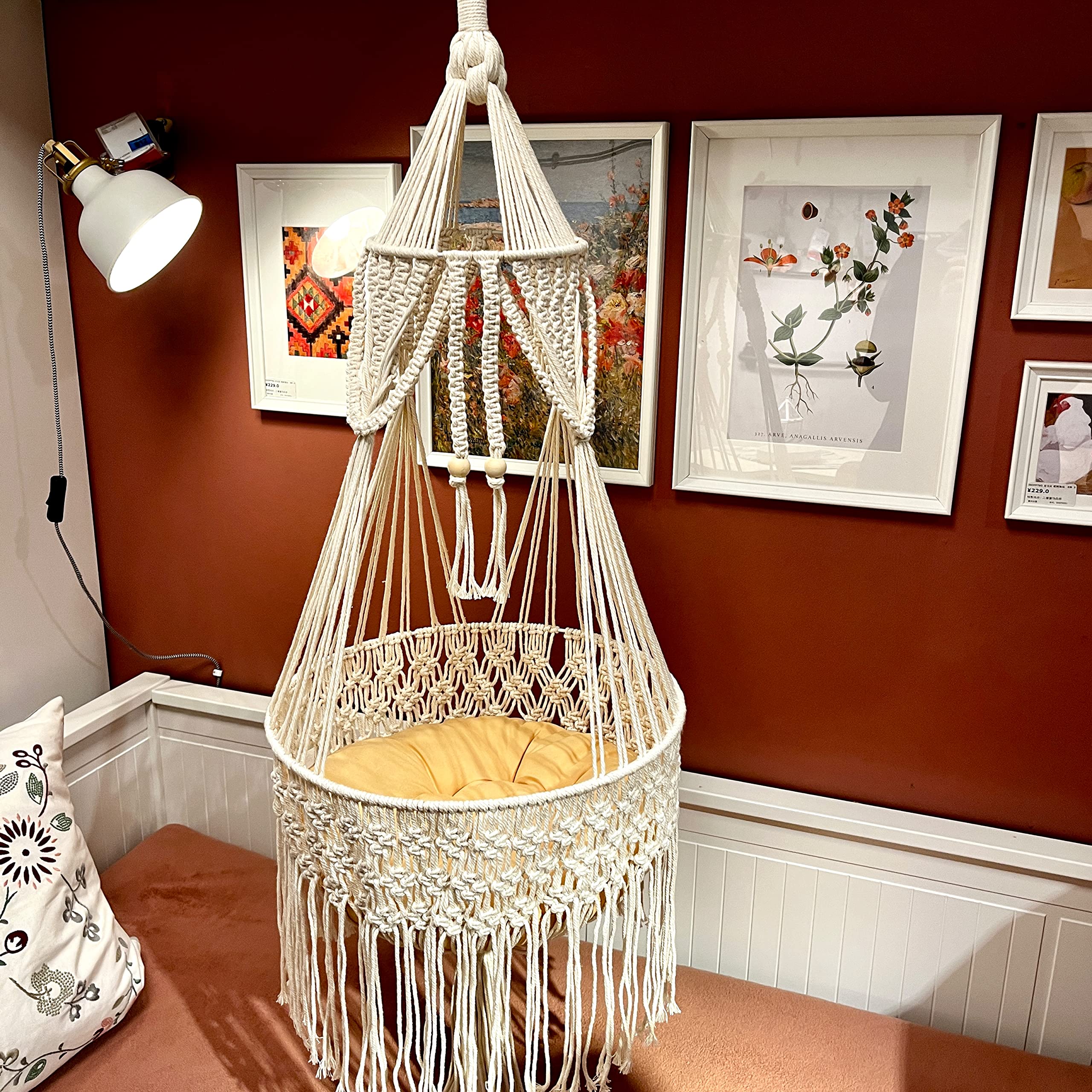 TOYAFUN Macrame Cat Hammock - Large Beige Cotton Bed for Indoor/Outdoor Pet Swing, Boho Wall Hanging Decor