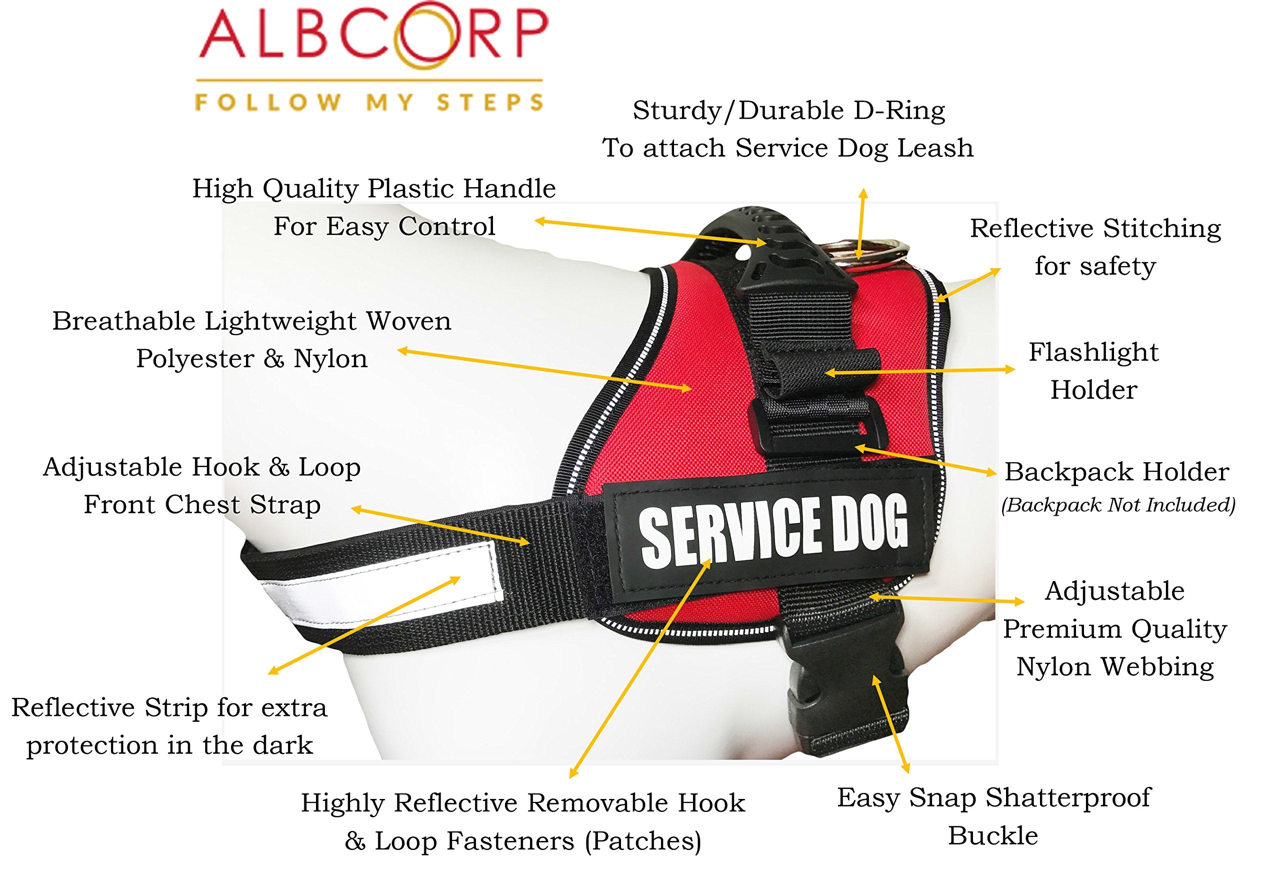 Albcorp Service Dog Vest Harness - Reflective - Woven Polyester And Nylon, Comfy Mesh Padding - Sizes From Xxs To Xl - Service Dog Patches Included. Red, Extra Large