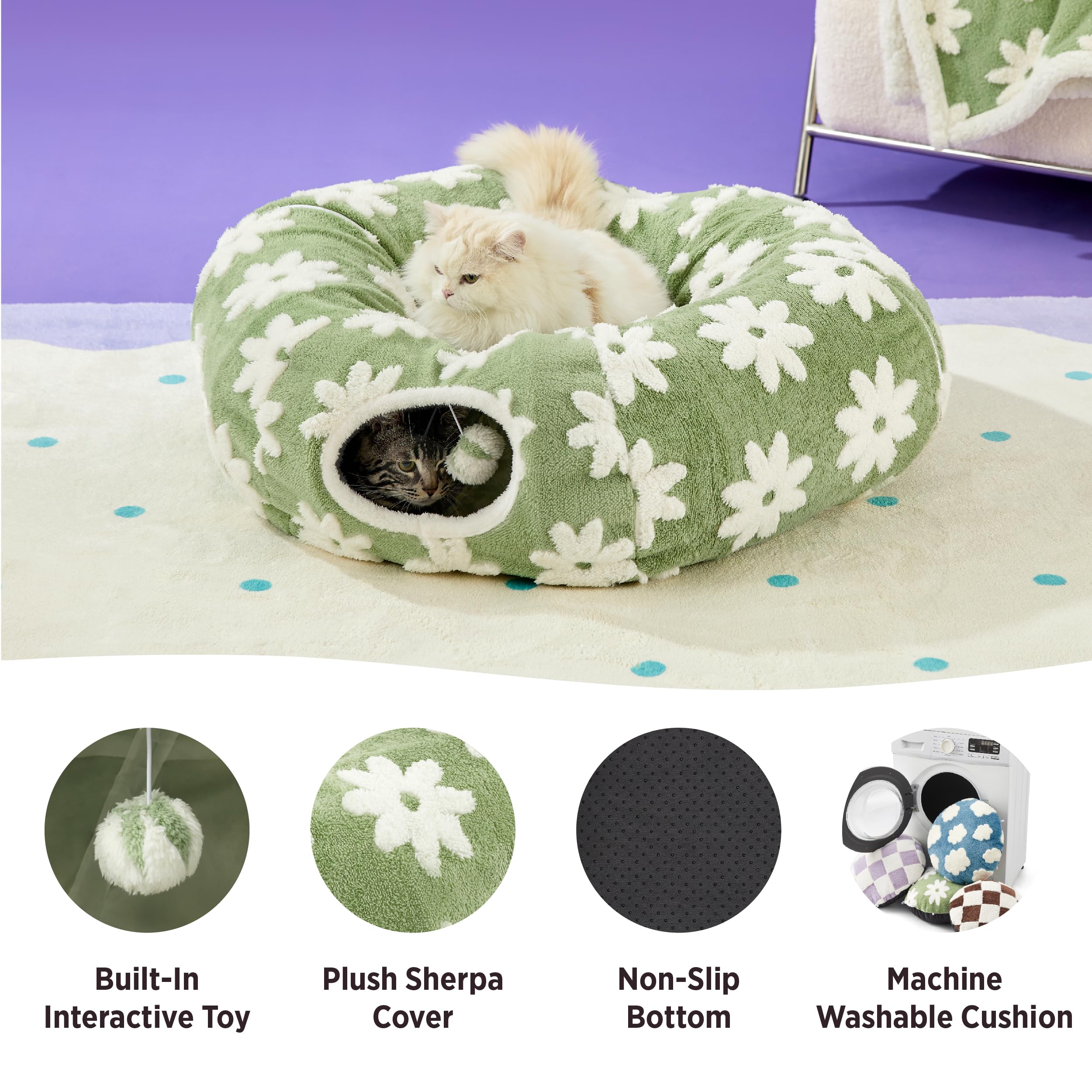Lesure Cat Tunnel Bed For Indoor Cats - Cute Cat Donut Tunnel Toys With Washable Circle Cushion, Round Pet Peekaboo Cave Toy For