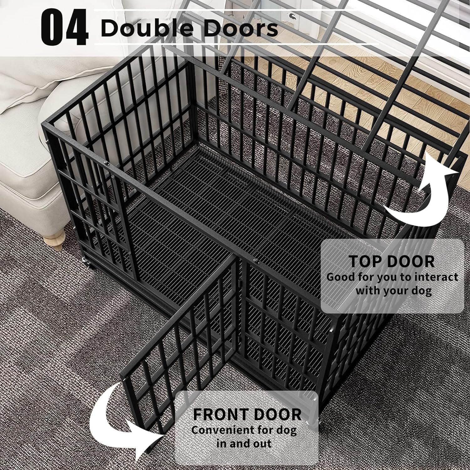 Otaid 48 Inch Heavy Duty Dog Crate Cage Kennel With Wheels, High Anxiety Indestructible Dog Crate, Sturdy Locks Design, Double D