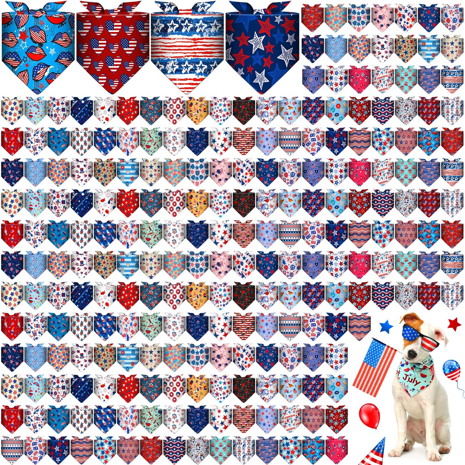 Geyoga 240 Pcs Patriotic Dog Bandanas Bulk Labor Day Bandanas for Dog Bibs America Flag Triangle Kerchief Scarf Adjustable Necke