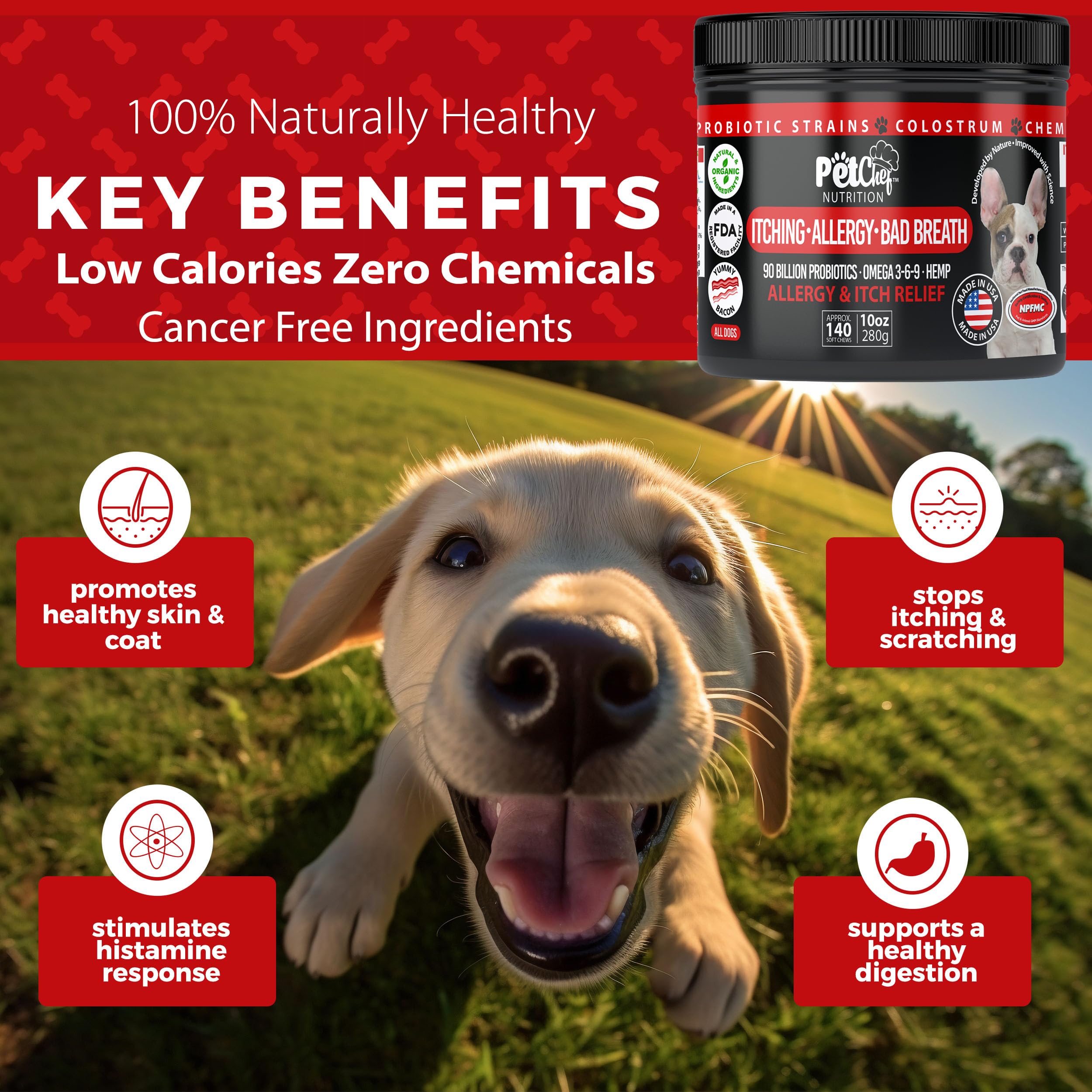 Pet Chef Dog Stop Itching Relief Chew - Anti Itch for Dogs with Omega 3, Salmon Oil - Bacon Flavor - Easy Allergen-Free Immune S