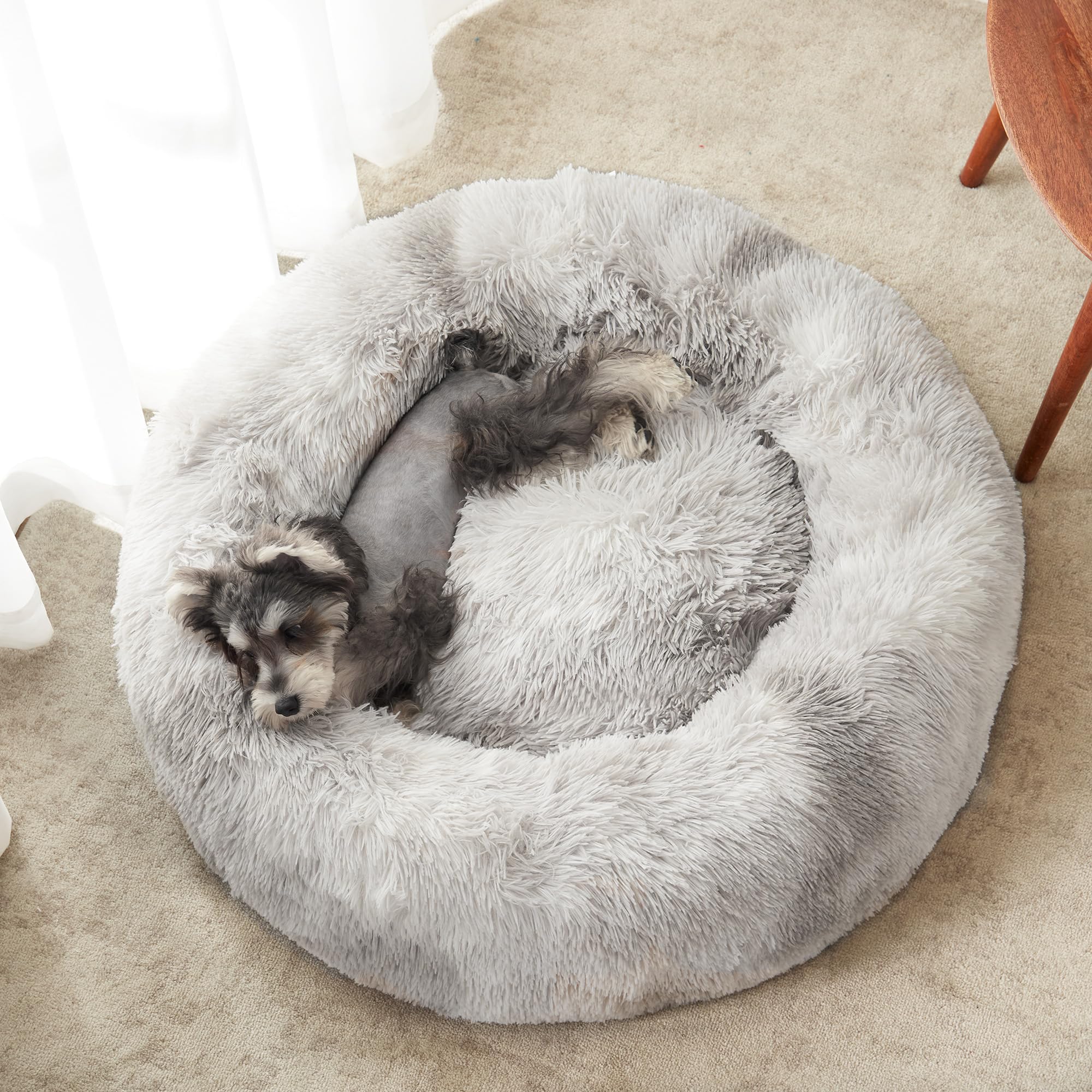 Western Home Wh Calming Dog & Cat Bed, Anti-Anxiety Donut Cuddler Warming Cozy Soft Round Bed, Fluffy Faux Fur Plush Cushion Bed For Small Medium Dogs And Cats (20'/24'/27'/30'), White Grey