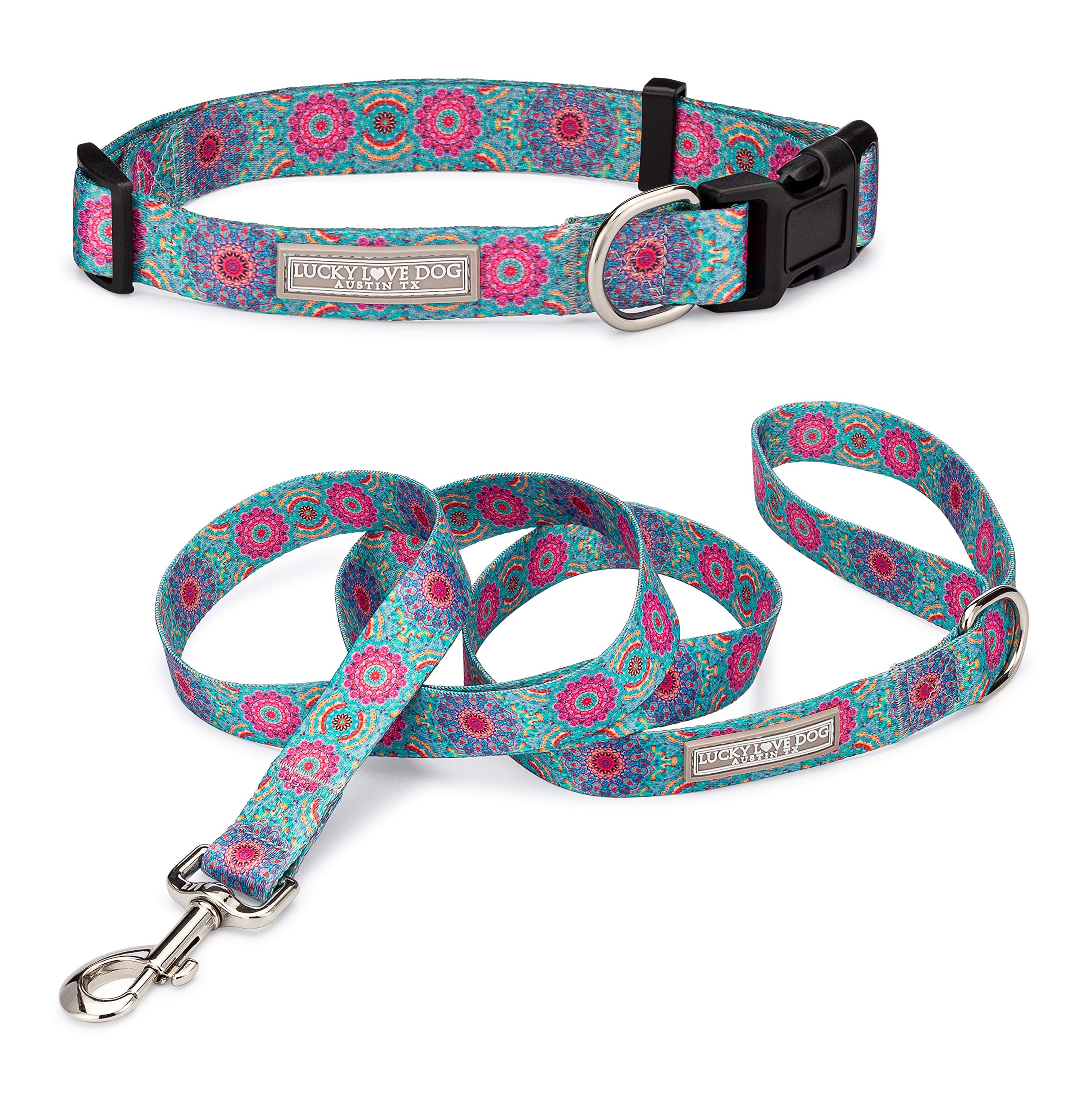 Lucky Love Dog, Boho Chic Matching Dog Collar And Leash Set, Vivid Pink And Turquoise Collar And Leash For Dogs, Soft, Adjustabl