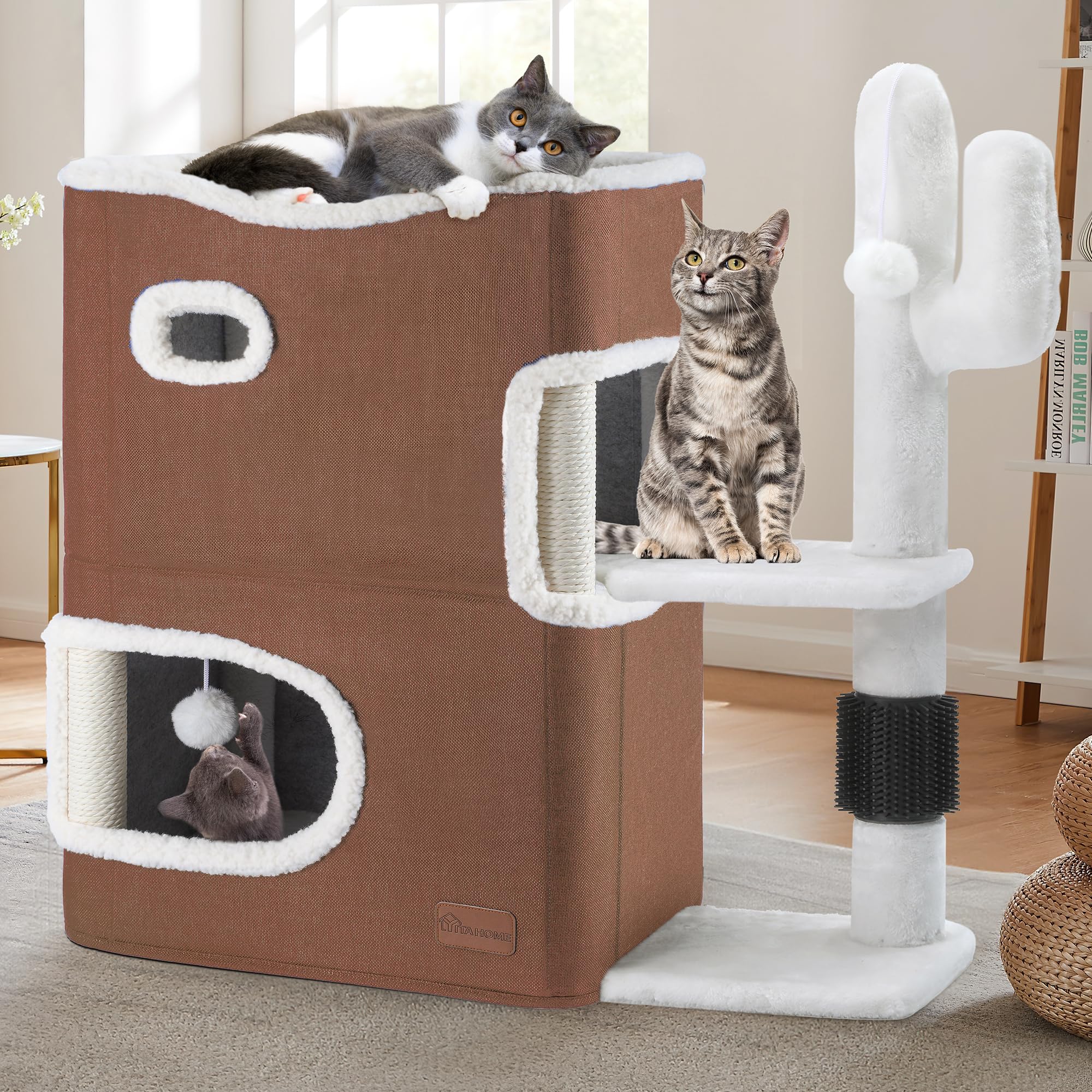 YIATHOME 2-Tier Cat House, Cat Beds for Indoor Cats, Small Cat Condo with Highway Cave, Scratch & Itching Post, Clmibing Stand, 