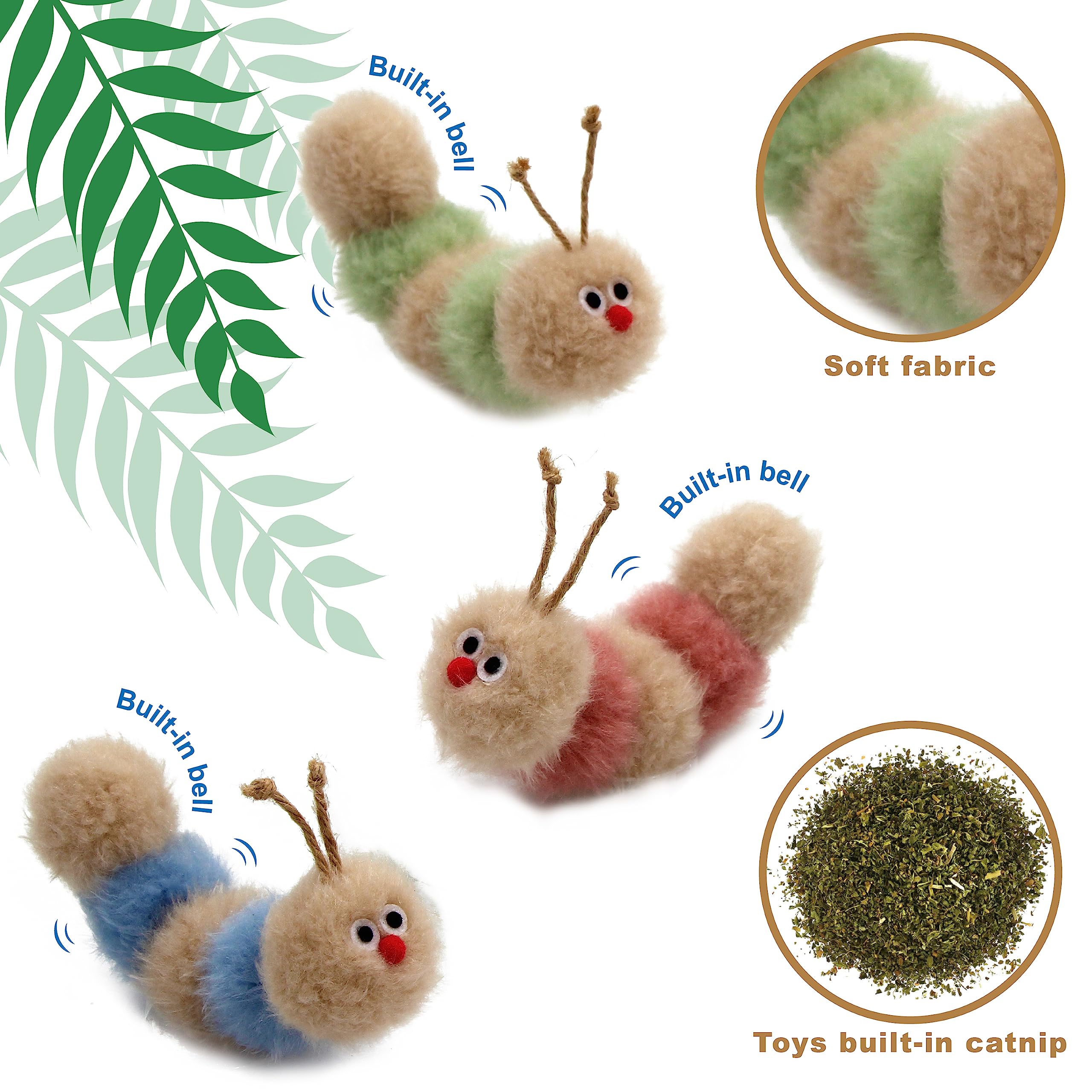 Jumpaws Interactive Natural 3 PK Catnip Toy, with Rattle, Bite Resistant, for All Ages Indoor Cat, Soft Caterpillar Toys, Fluffy