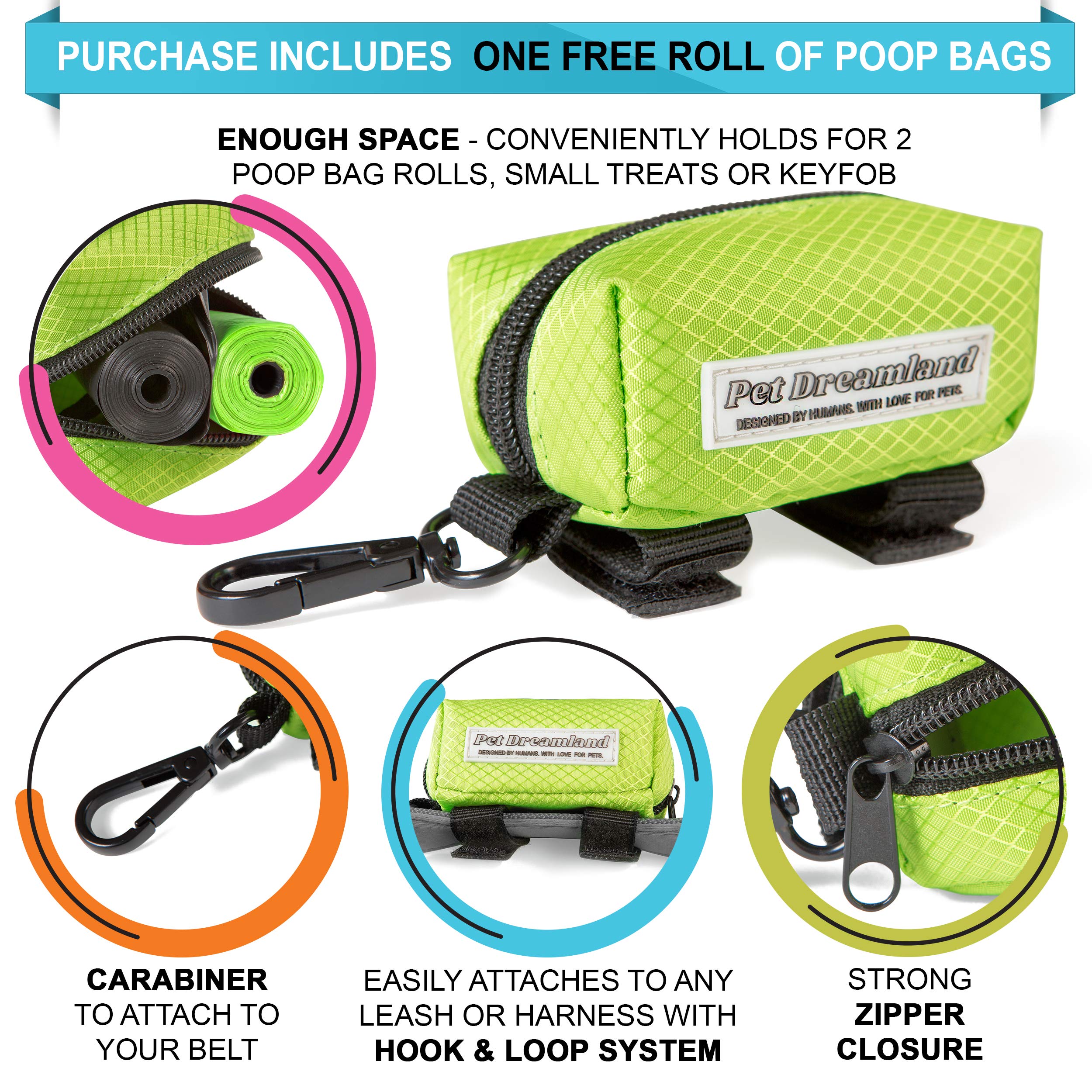 Pet Dreamland Dog Waste Bag Dispenser - Poop Bag Dispenser For Leash - Includes One Free Roll Of Doggie Poop Bags - Zippered Pou