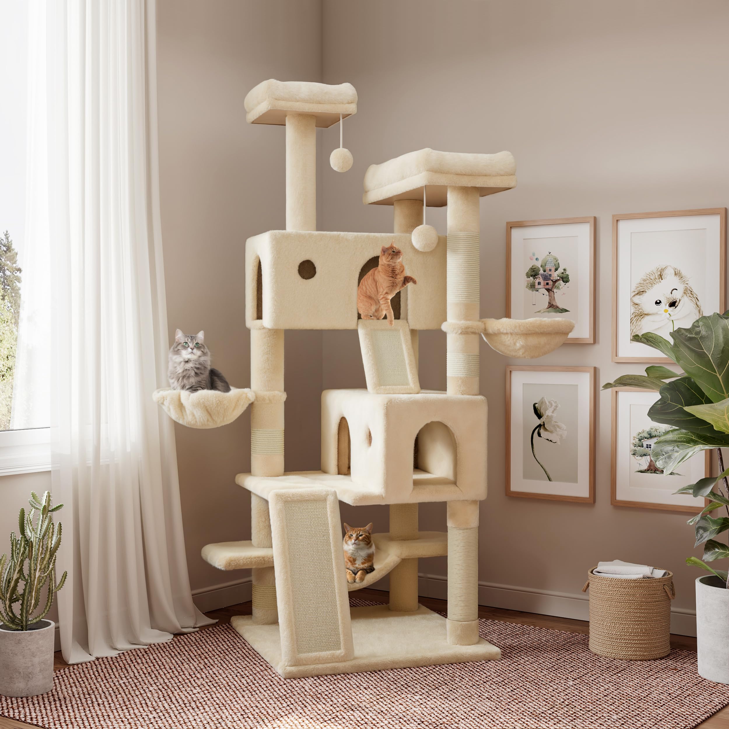 Sha Cerlin 65In Larger Cat Tree Tower Condo For Indoor Kitties/Multi-Level Furniture Activity Center With Wide Base/Cozy Plush Cat Perches/Baskets/Sisal Scratching Posts And Hammock/Beige