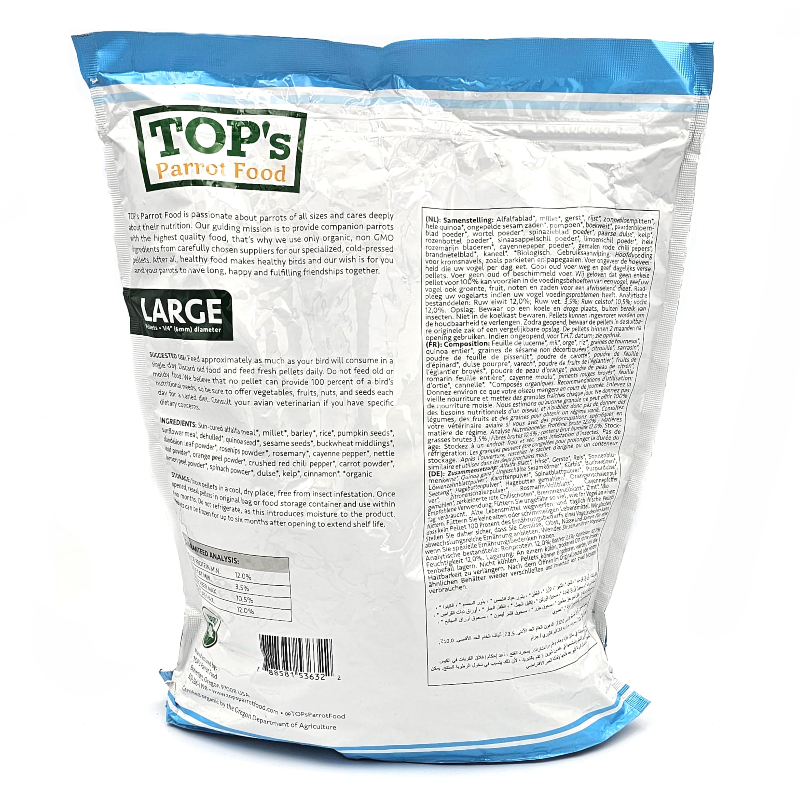 TOPs Parrot Food Pellets Hookbills, Small, Medium and Large Parrots - Non-GMO, Peanut Soy & Corn Free, USDA Organic Certified -