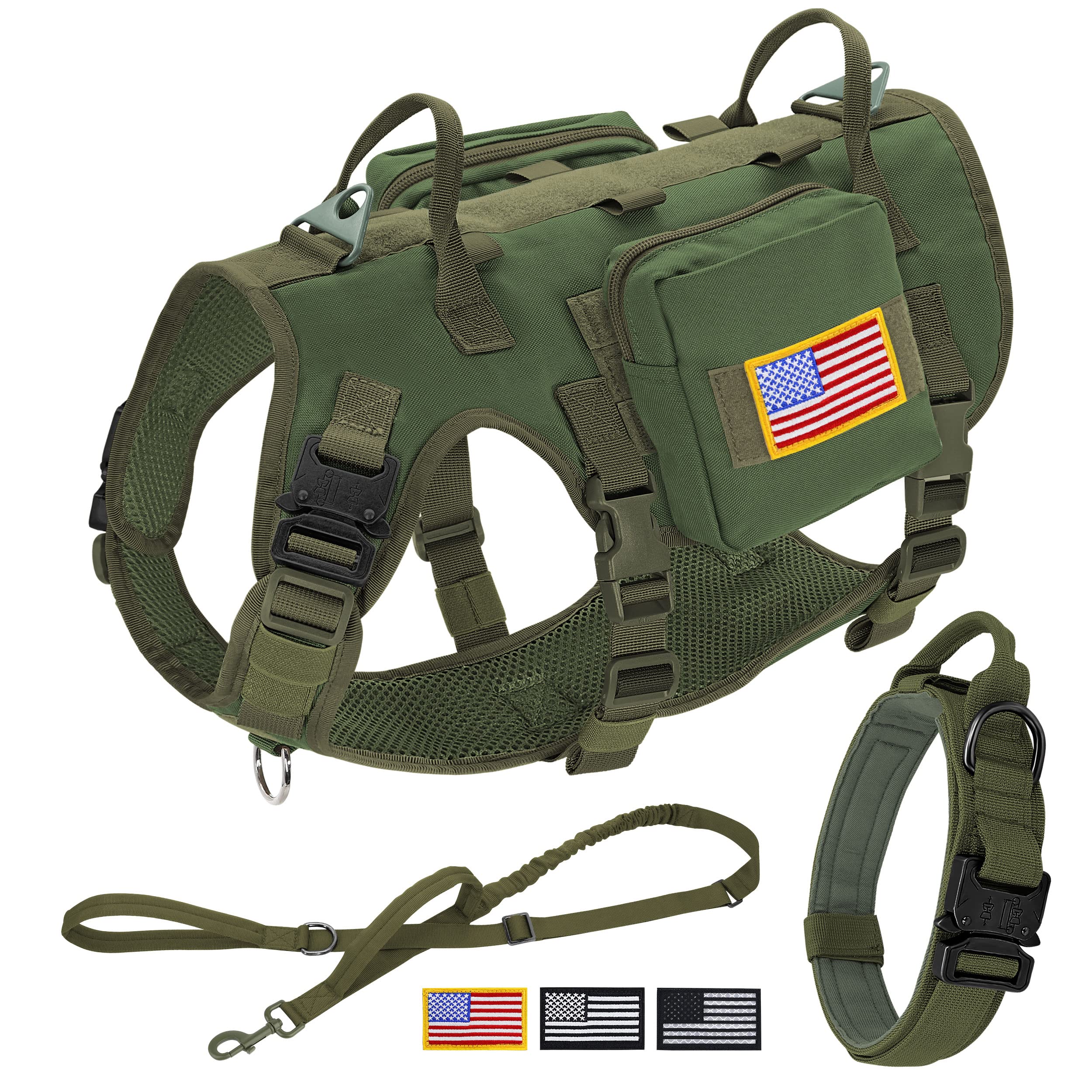 Forestpaw Tactical Dog Vest Harness And Easy Control Training Dog Collar With Bungee Dog Leash Set No Pull Military Dog Harness With Backpack For Medium Large Dogs-Green L