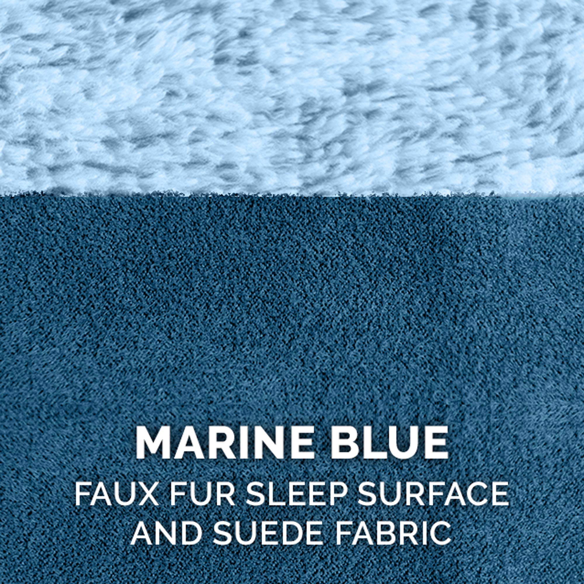 Furhaven Orthopedic Dog Bed For Large/Medium Dogs W/ Removable Bolsters & Washable Cover, For Dogs Up To 55 Lbs - Two-Tone Plush Faux Fur & Suede L Shaped Chaise - Marine Blue, Large