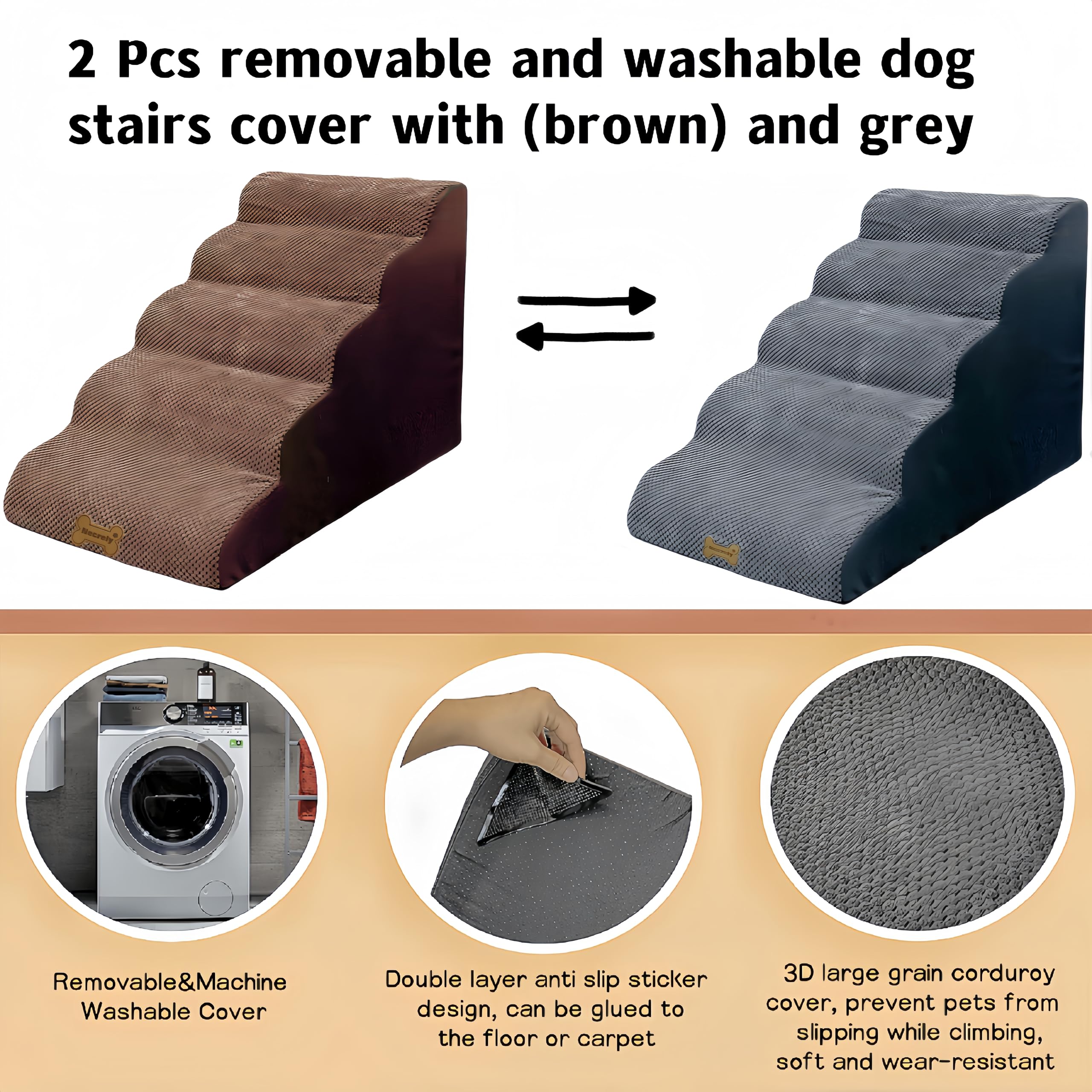 Dog Stairs & Pet Ramp For Small/Large Dogs To High Beds/Couches - 5 Steps 24-Inch Height For 18-30 Inch Furniture, 2 Washable Co