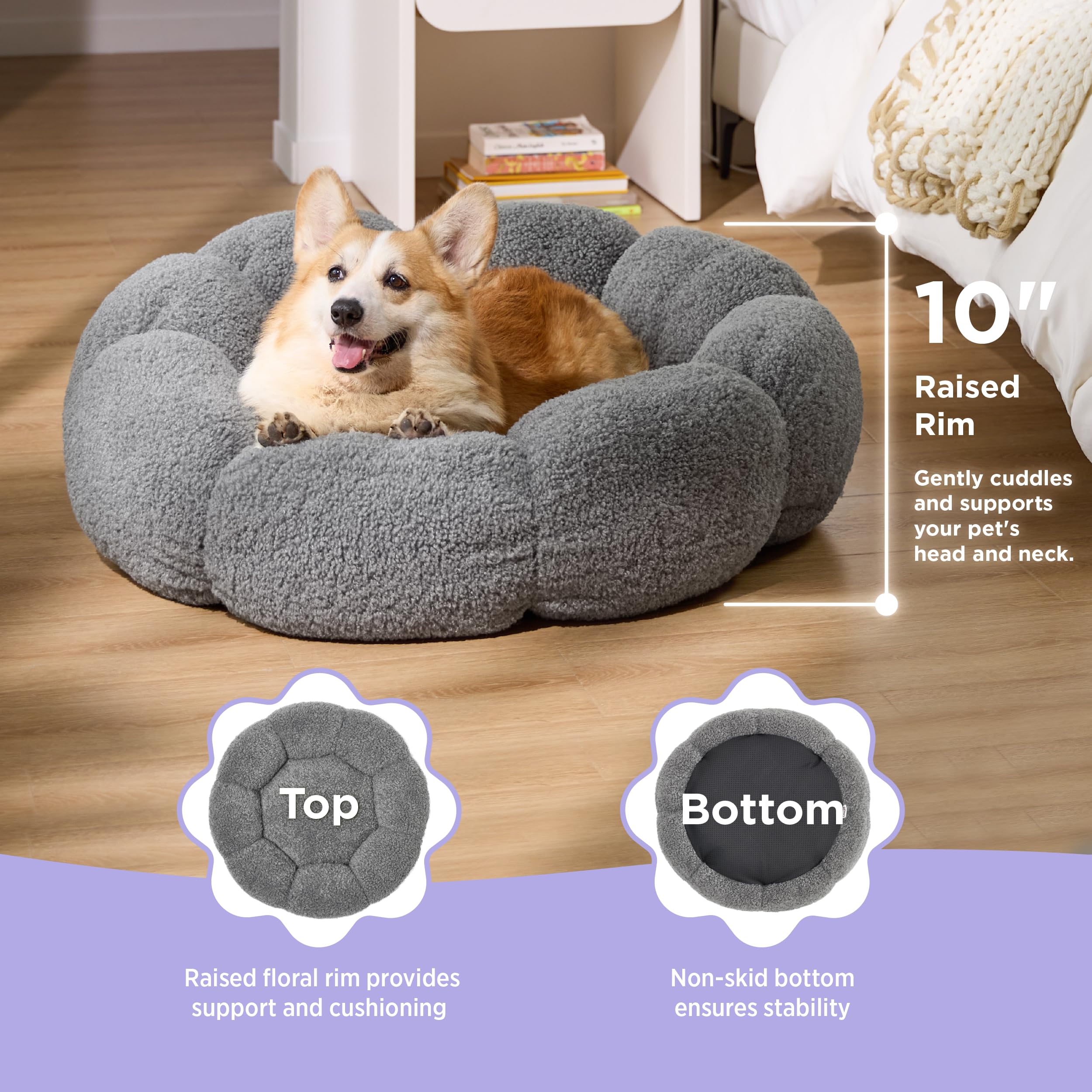 Lesure Calming Large Dog Bed - Flower Donut Round Fluffy Puppy Bed In Plush Teddy Sherpa, Non-Slip Cute Flower Dog Beds, Large P